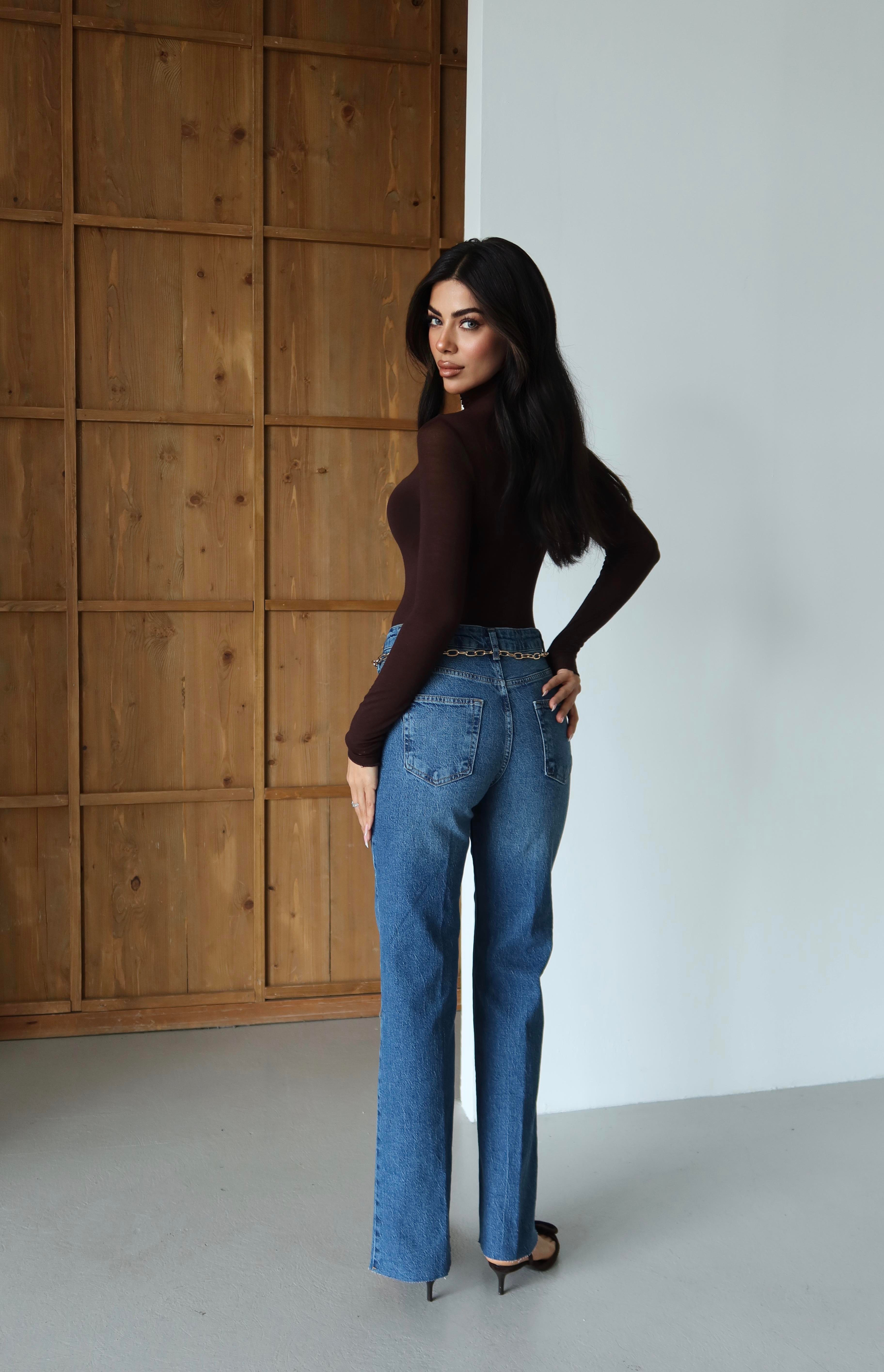 LACARINOYüksek Bel Kemer Zincir Detaylı Blue Jean Pantolon