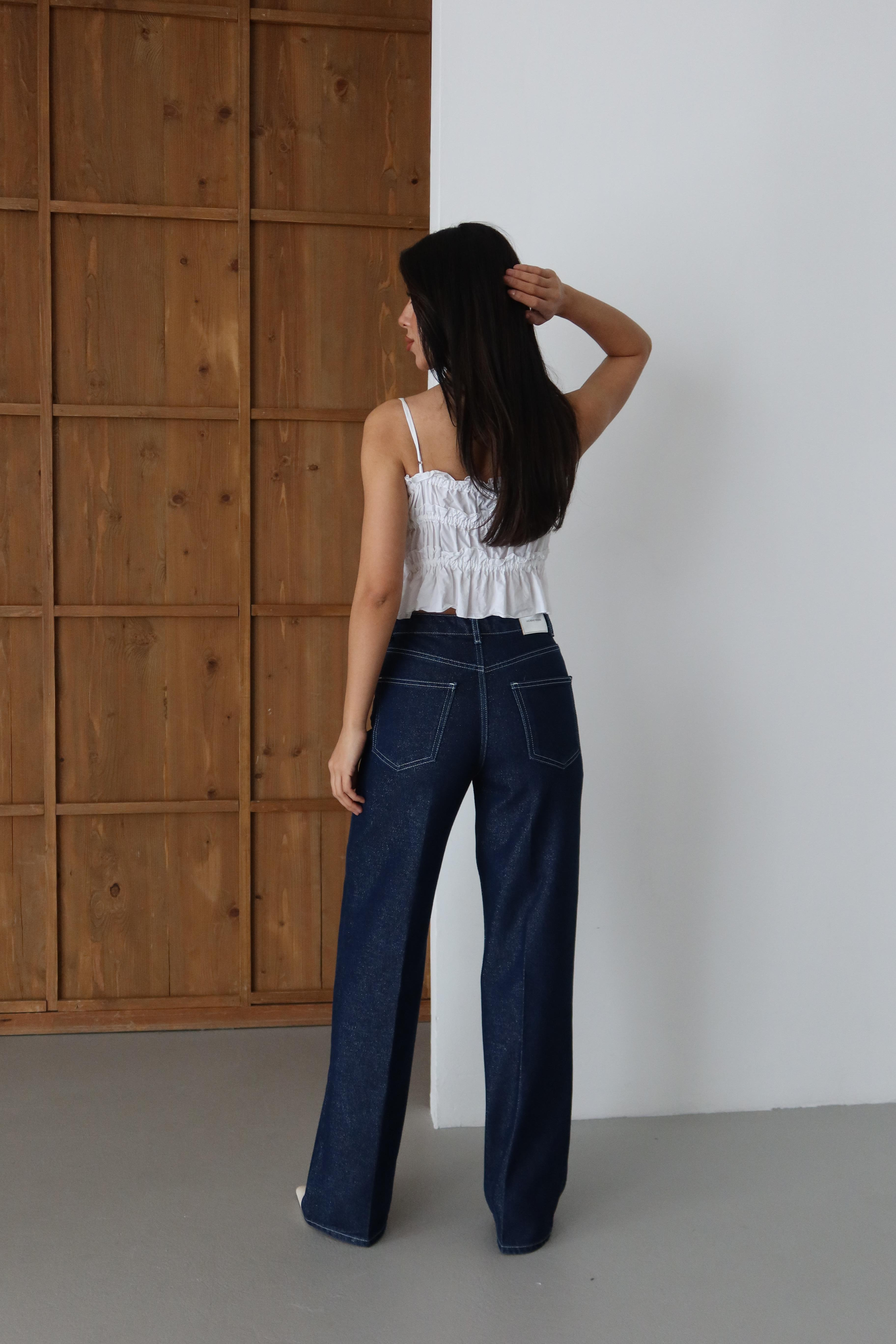 LACARINOYüksek Bel Sim Detaylı Wideleg Kalıp Rinse Silver Simli Jean Pantolon