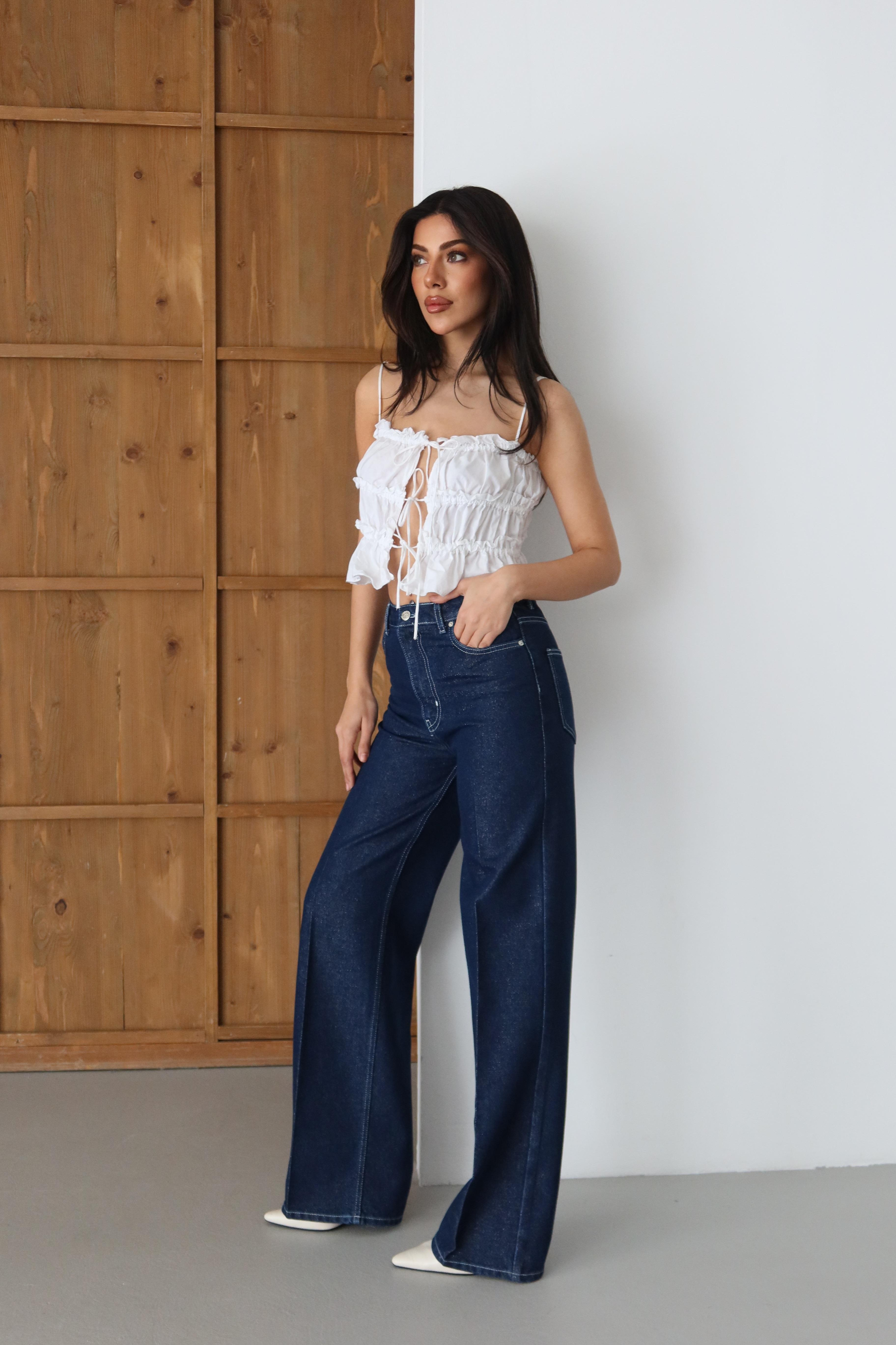 LACARINOYüksek Bel Sim Detaylı Wideleg Kalıp Rinse Silver Simli Jean Pantolon