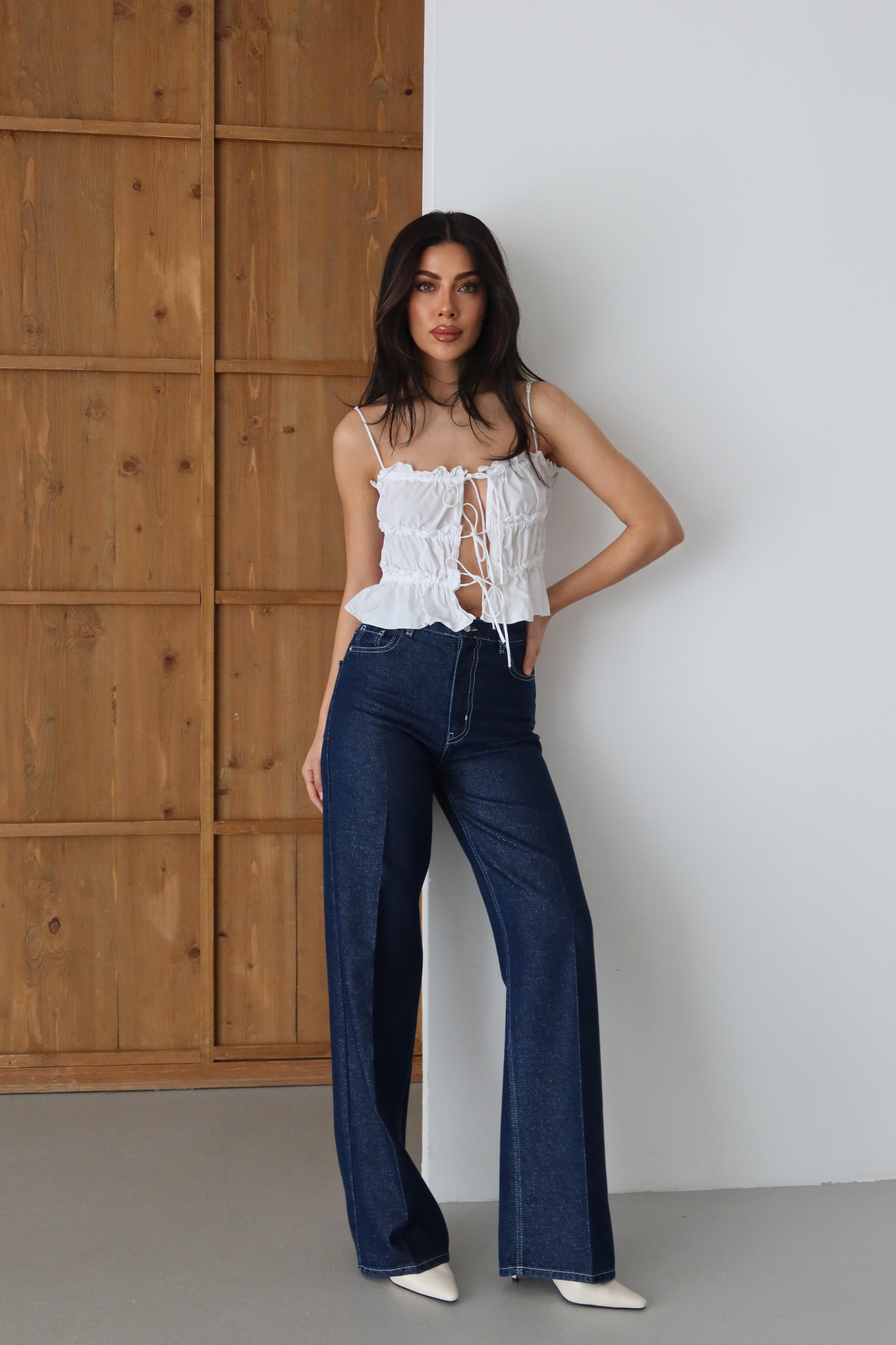 LACARINOYüksek Bel Sim Detaylı Wideleg Kalıp Rinse Silver Simli Jean Pantolon