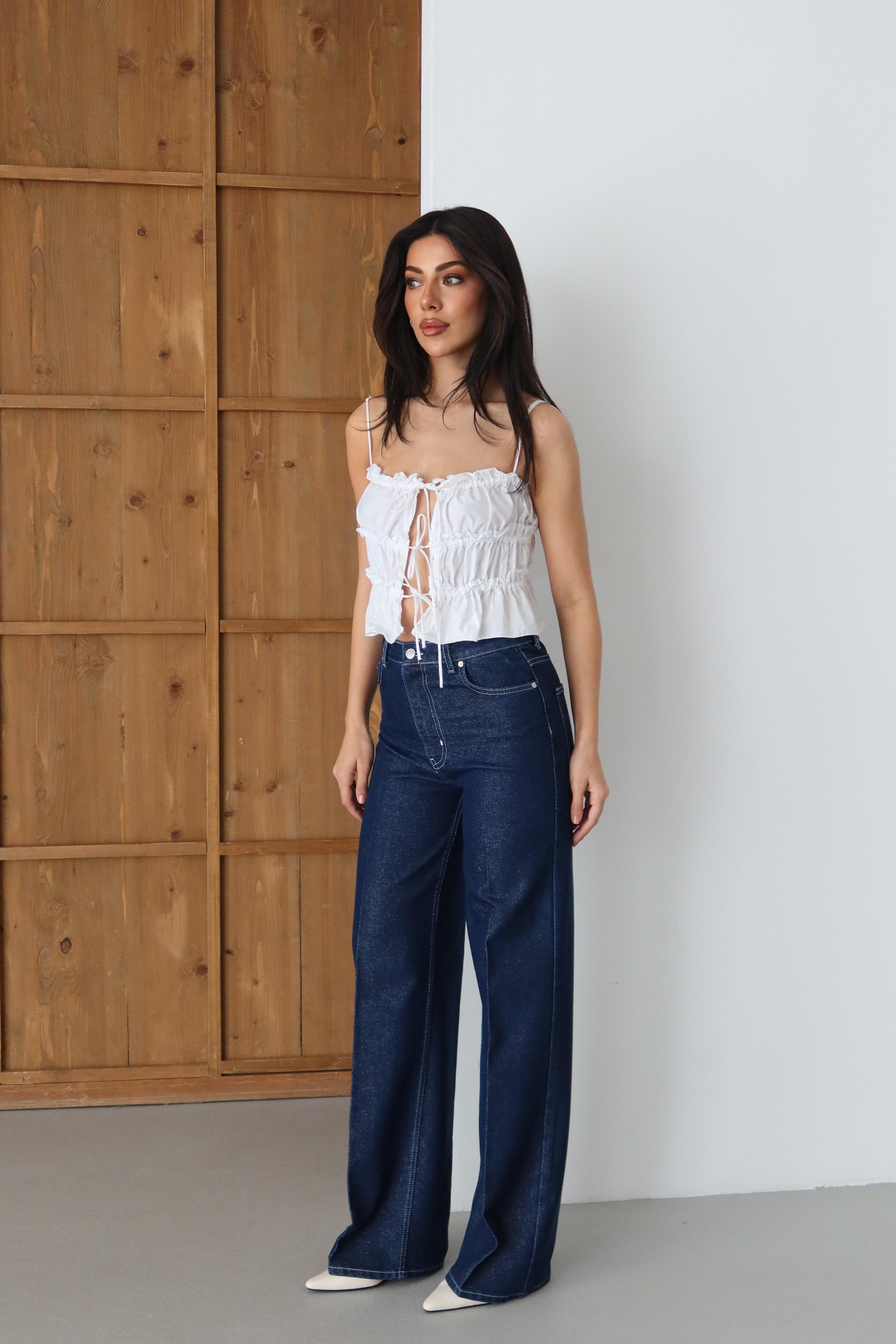 LACARINOYüksek Bel Sim Detaylı Wideleg Kalıp Rinse Silver Simli Jean Pantolon
