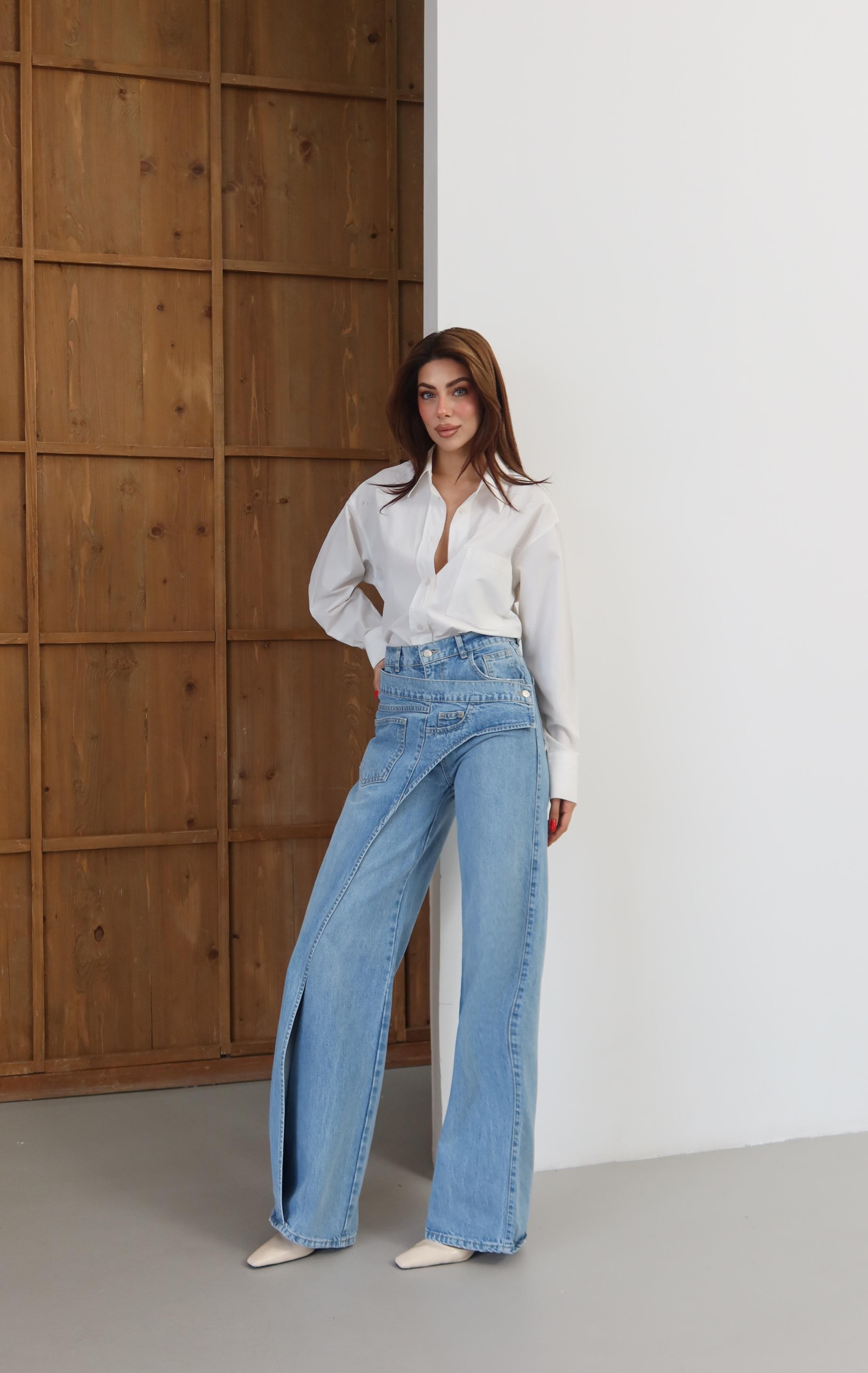 LACARINOYüksek Bel Ön Çapraz Kapama Detaylı Blue Jean Pantolon