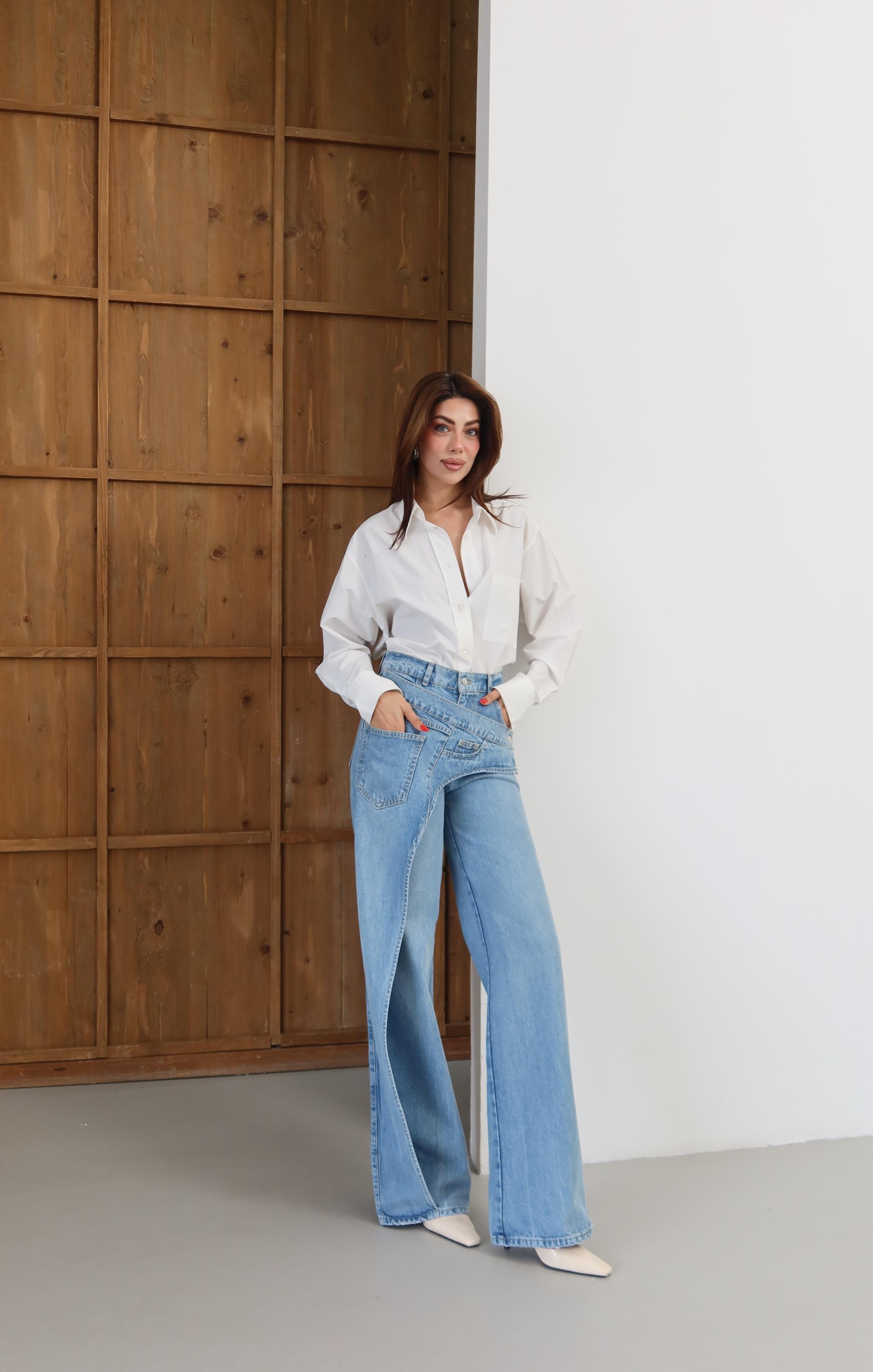 LACARINOYüksek Bel Ön Çapraz Kapama Detaylı Blue Jean Pantolon