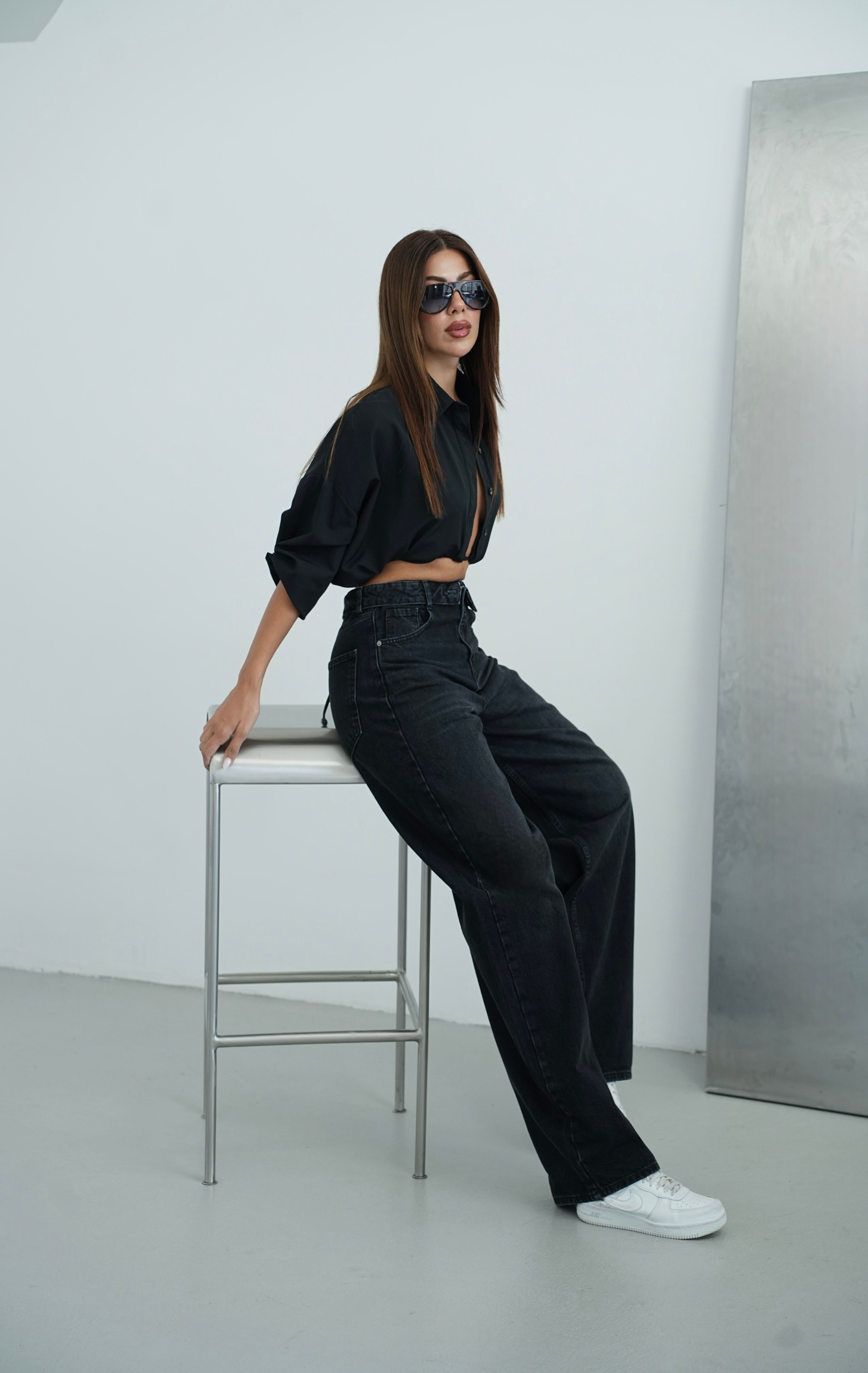 LACARINOYüksek Bel Ters  Kemer Bel İp Detaylı Black Jean Pantolon