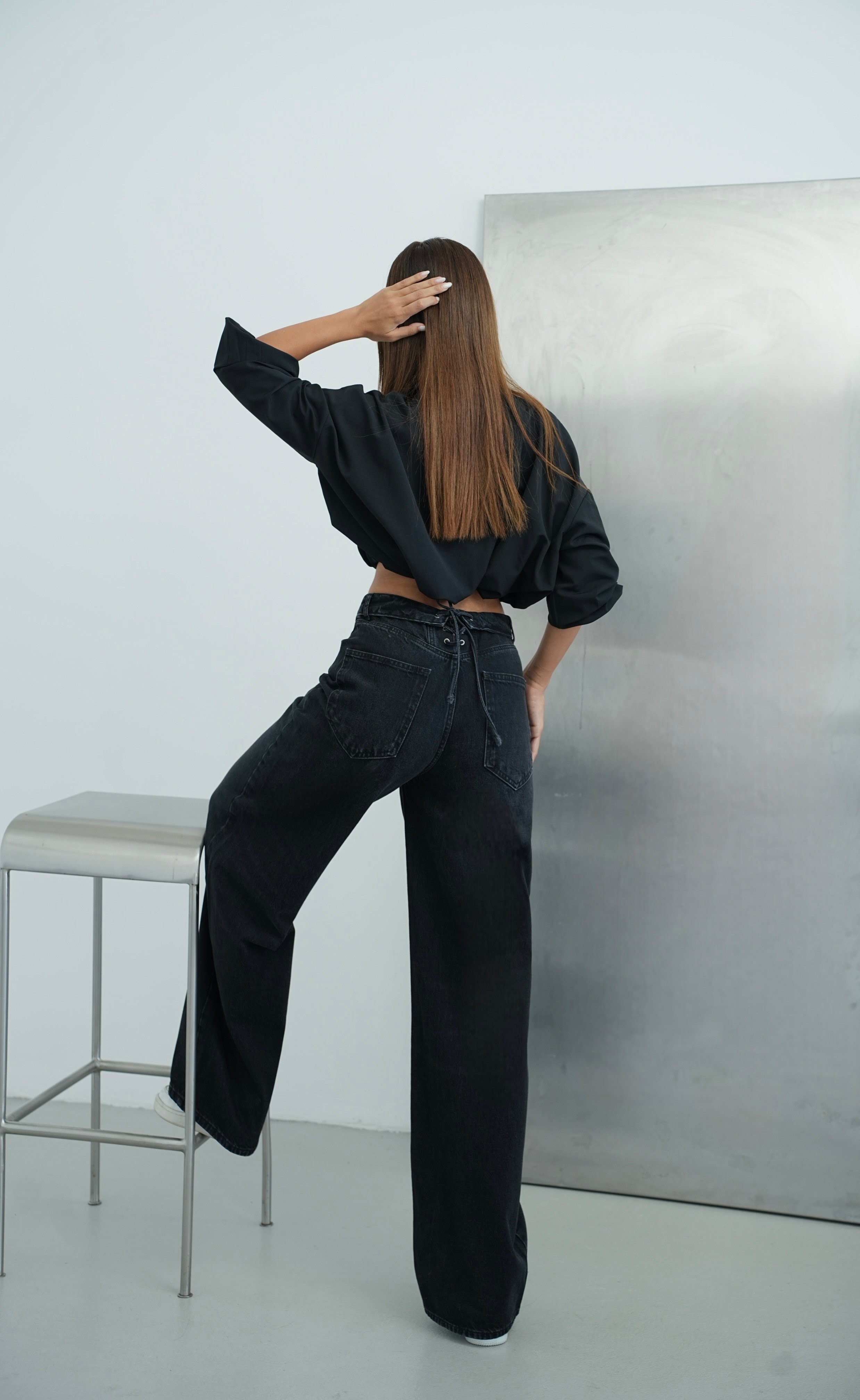 LACARINOYüksek Bel Ters  Kemer Bel İp Detaylı Black Jean Pantolon
