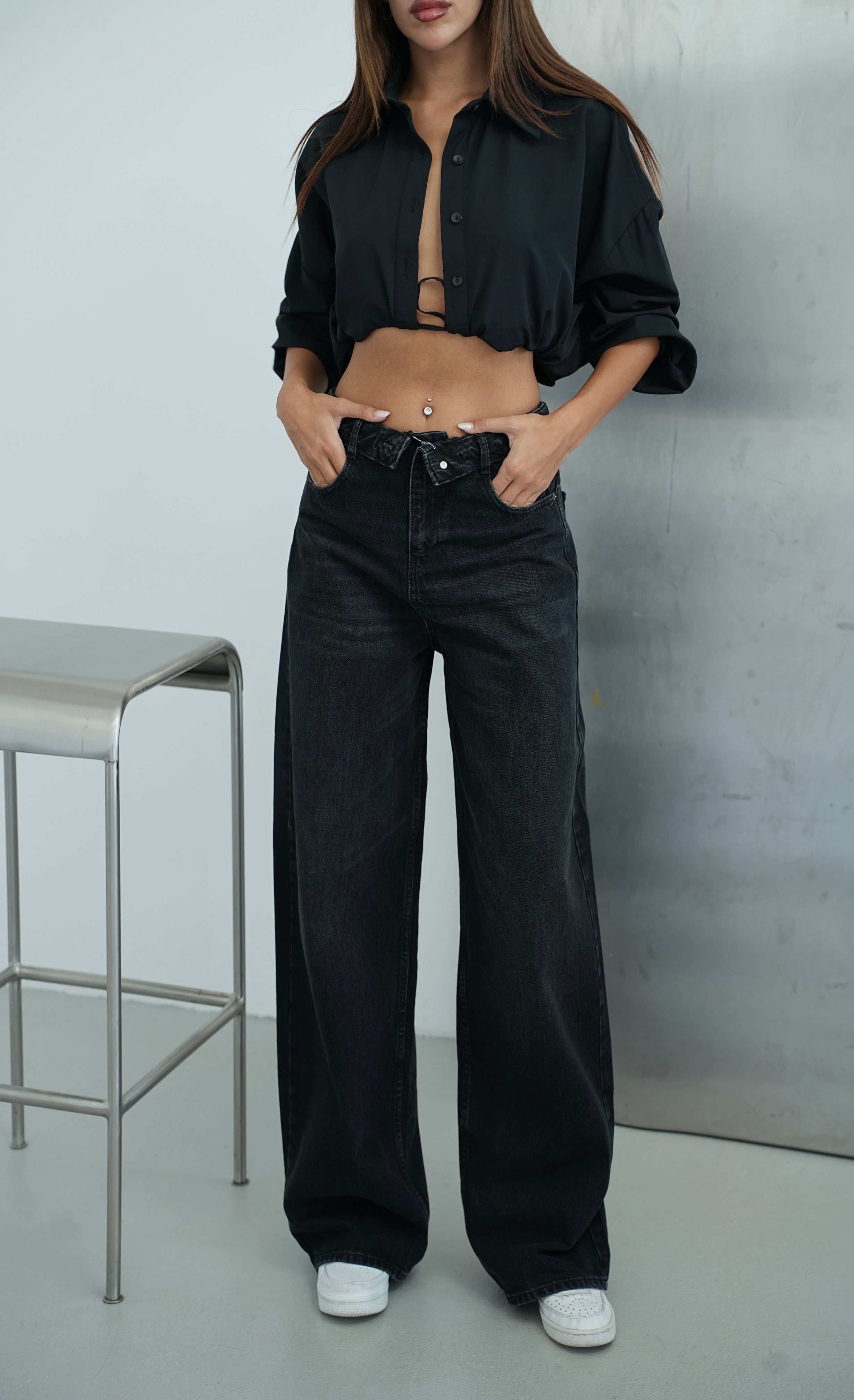 LACARINOYüksek Bel Ters  Kemer Bel İp Detaylı Black Jean Pantolon