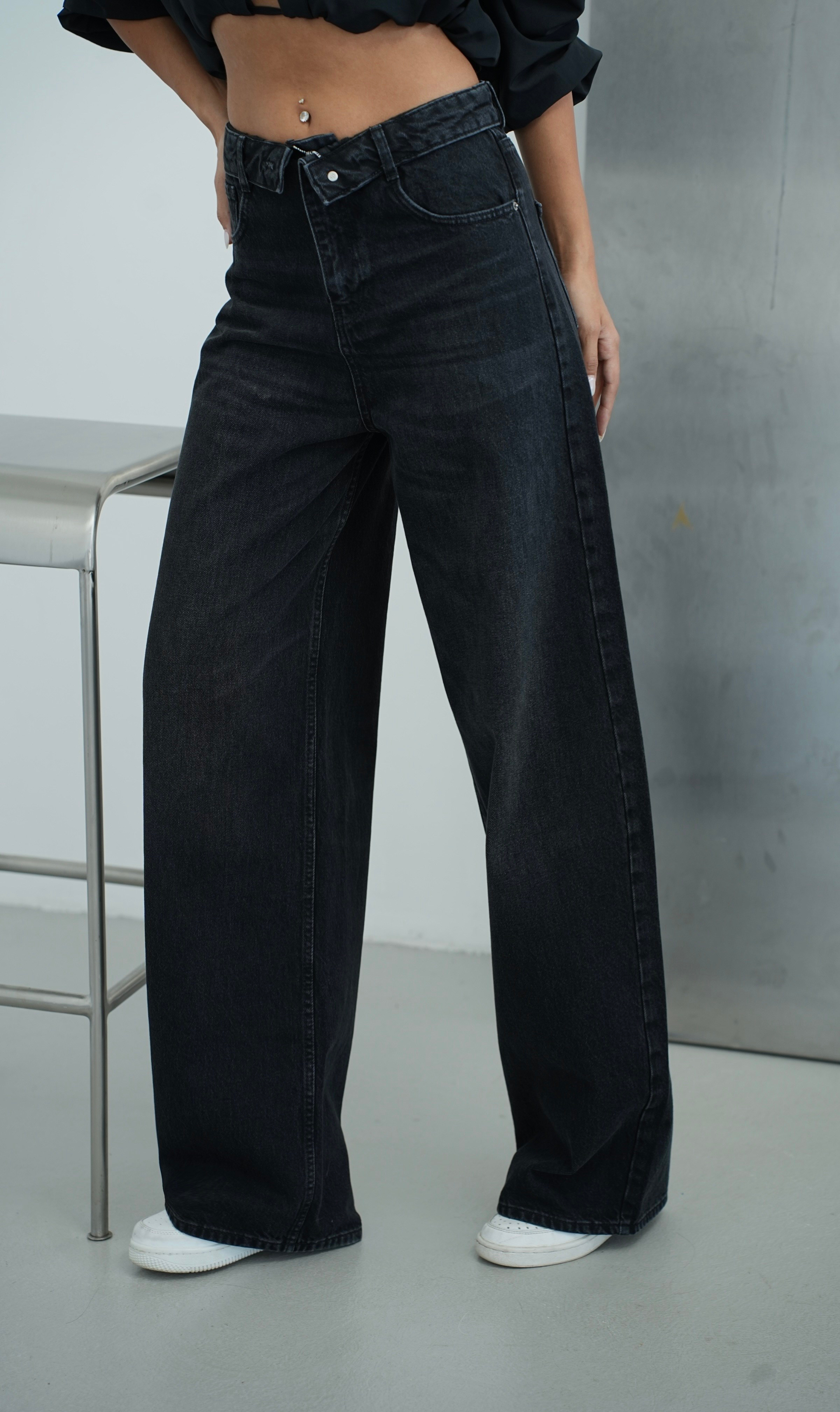 LACARINOYüksek Bel Ters  Kemer Bel İp Detaylı Black Jean Pantolon