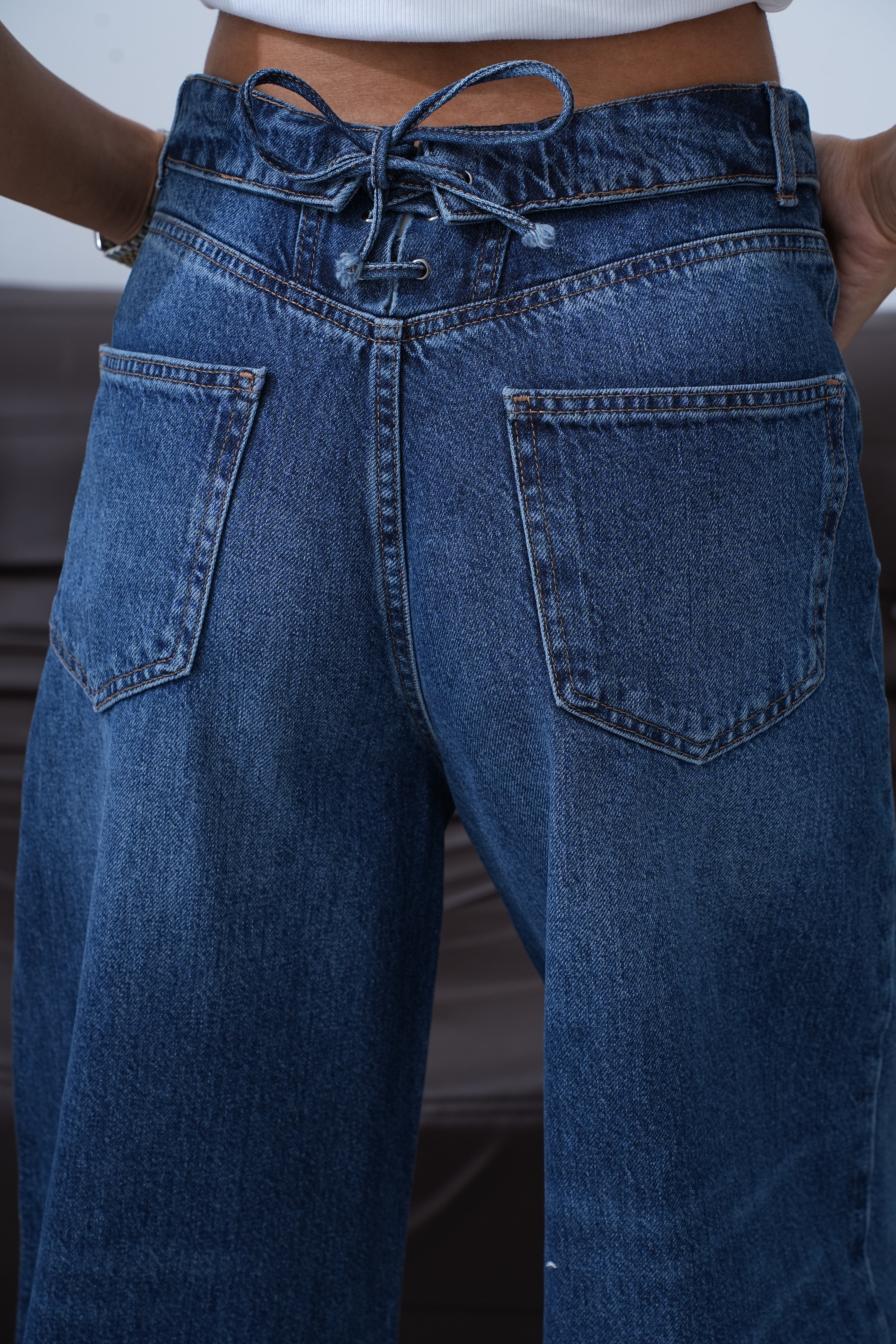 LACARINOYüksek Bel Ters  Kemer Bel İp Detaylı Dark Blue Jean Pantolon