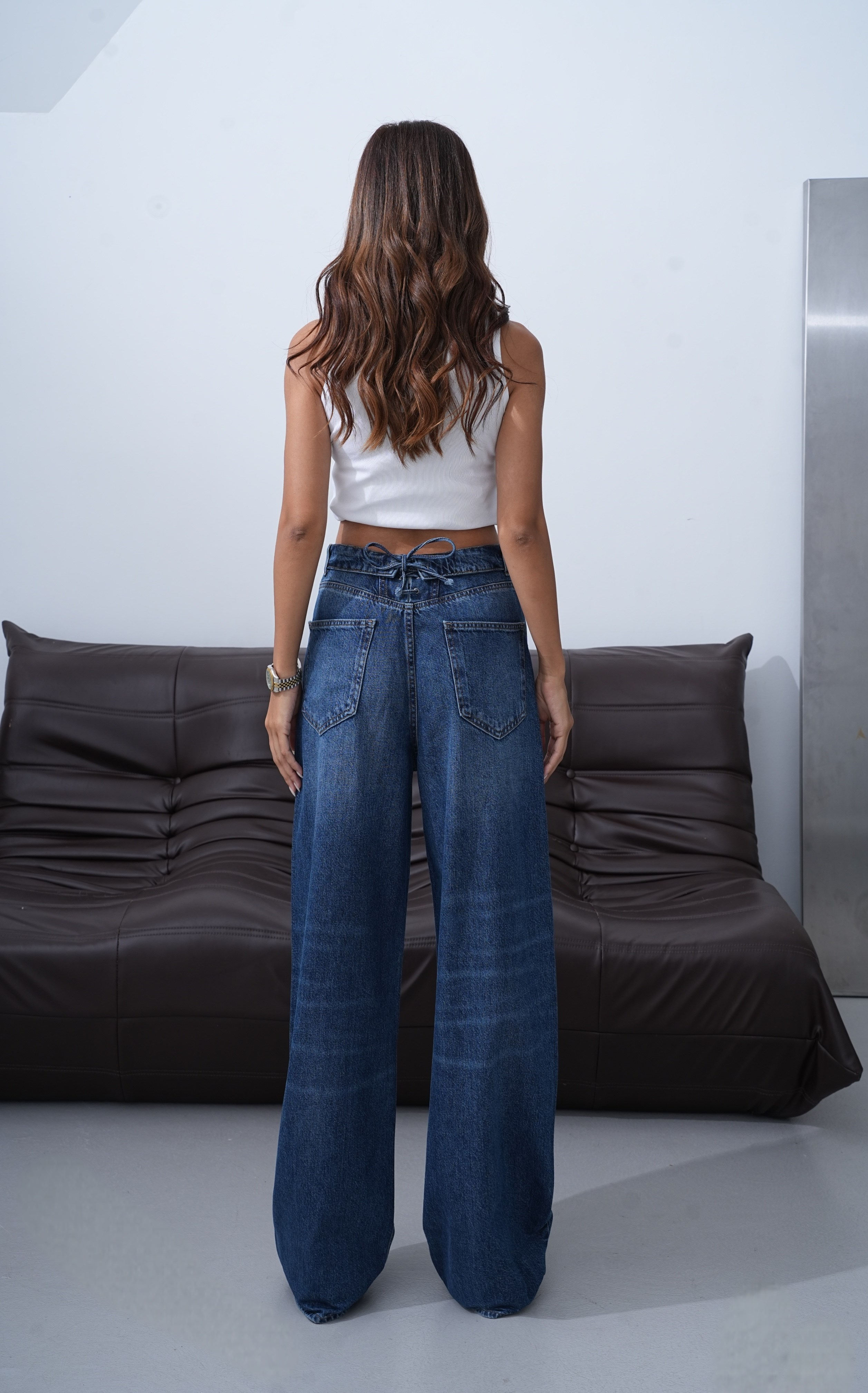 LACARINOYüksek Bel Ters  Kemer Bel İp Detaylı Dark Blue Jean Pantolon