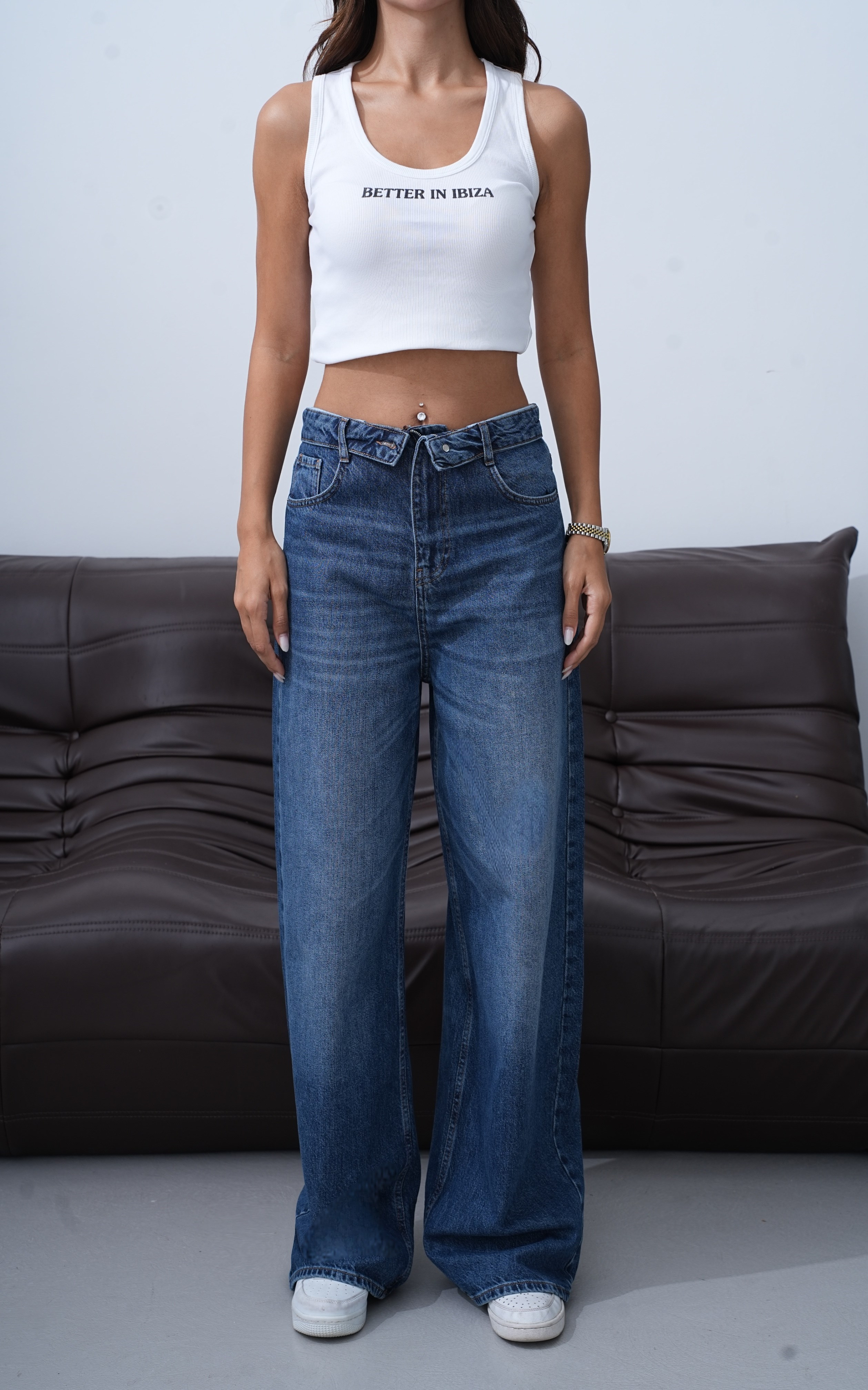 LACARINOYüksek Bel Ters  Kemer Bel İp Detaylı Dark Blue Jean Pantolon