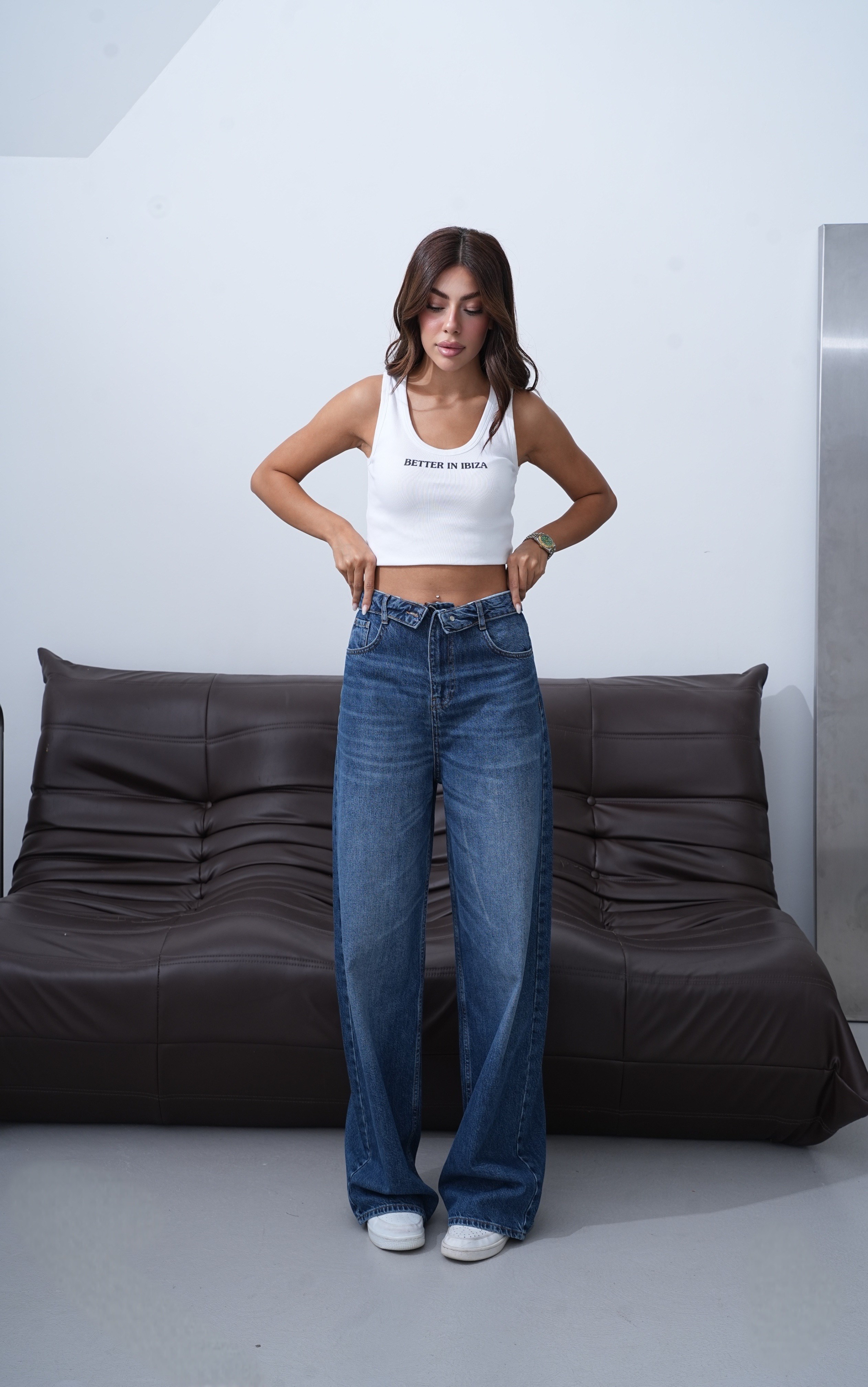 LACARINOYüksek Bel Ters  Kemer Bel İp Detaylı Dark Blue Jean Pantolon