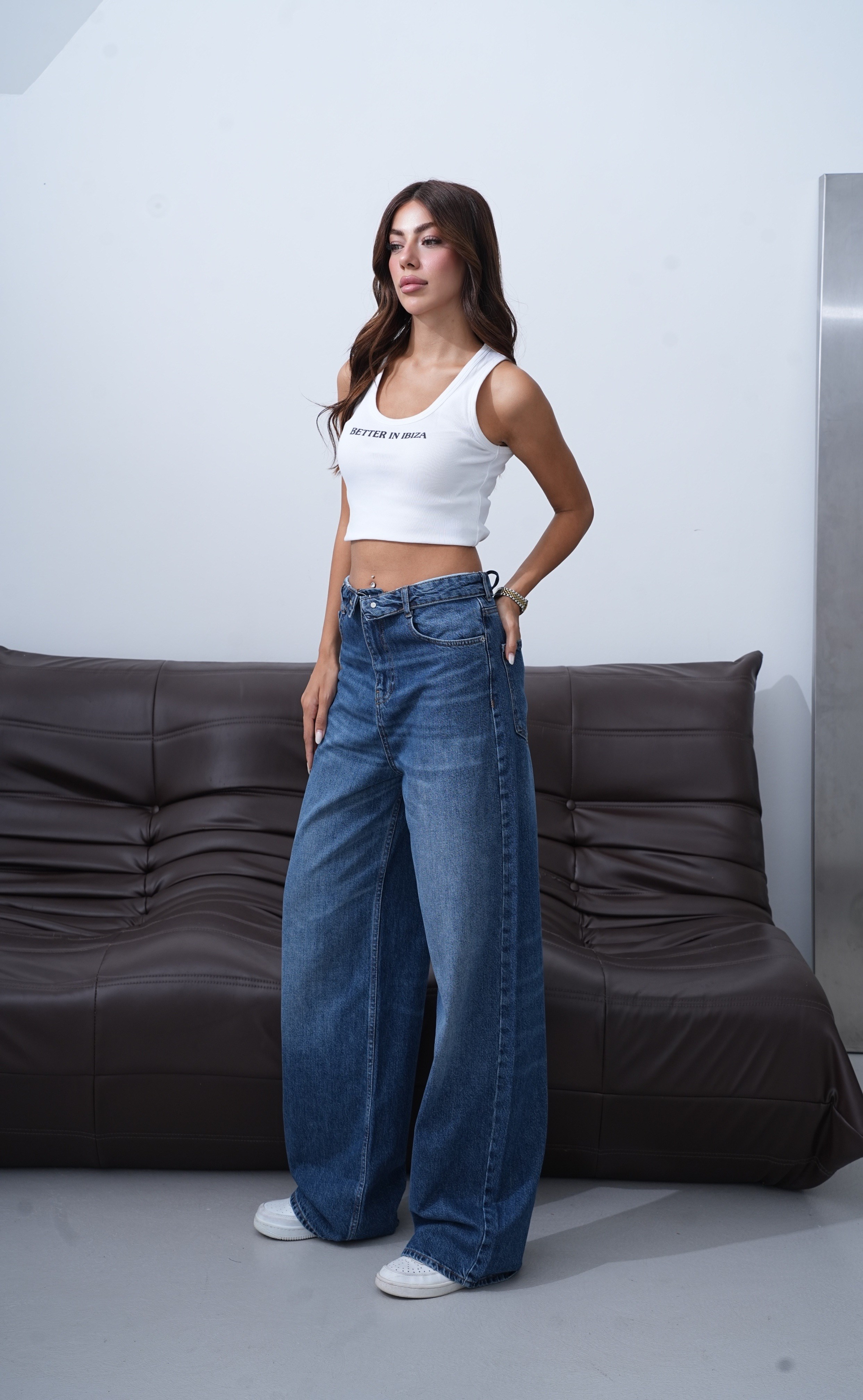 LACARINOYüksek Bel Ters  Kemer Bel İp Detaylı Dark Blue Jean Pantolon