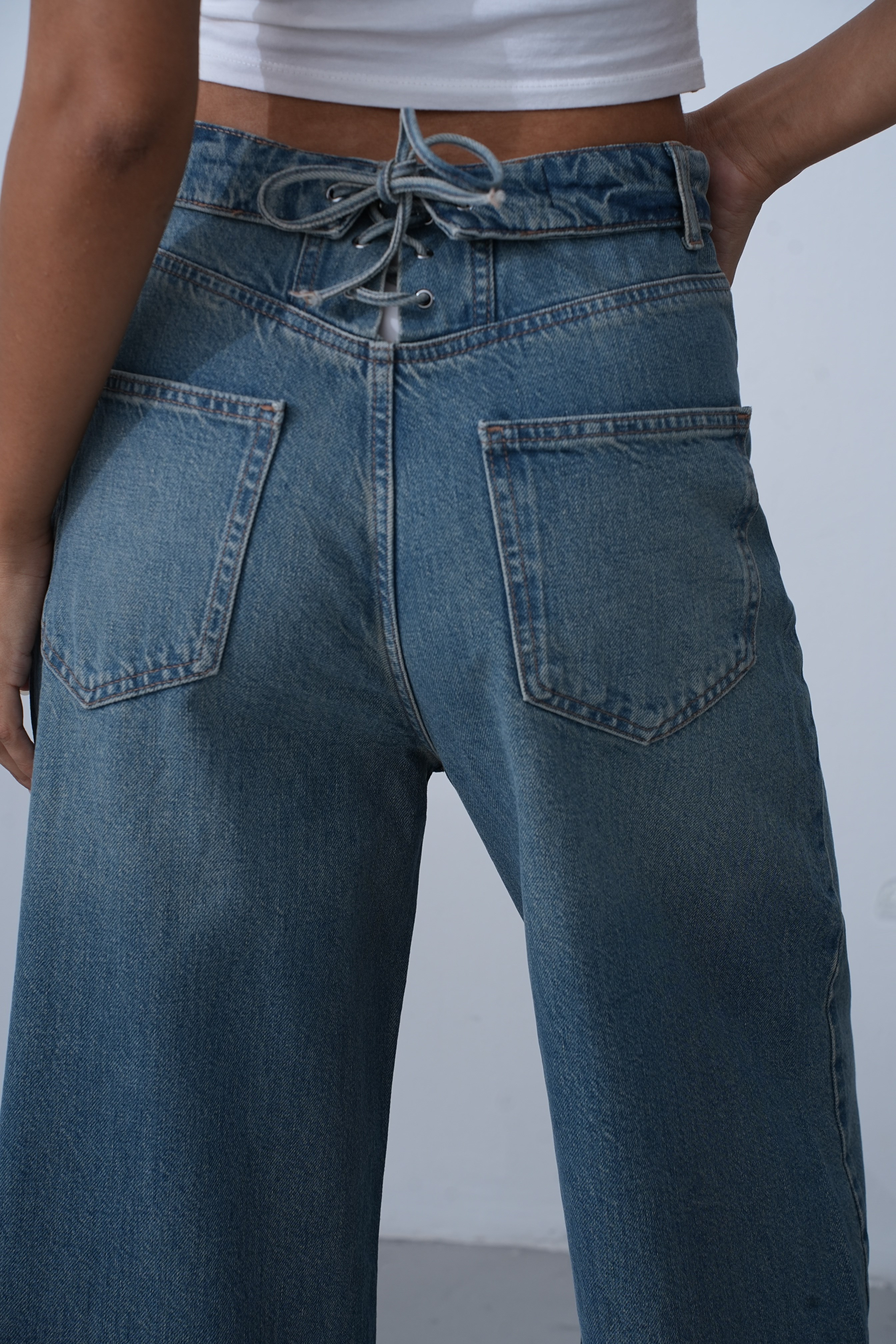 LACARINOYüksek Bel Ters  Kemer Bel İp Detaylı Yeşil Tİnt Jean Pantolon