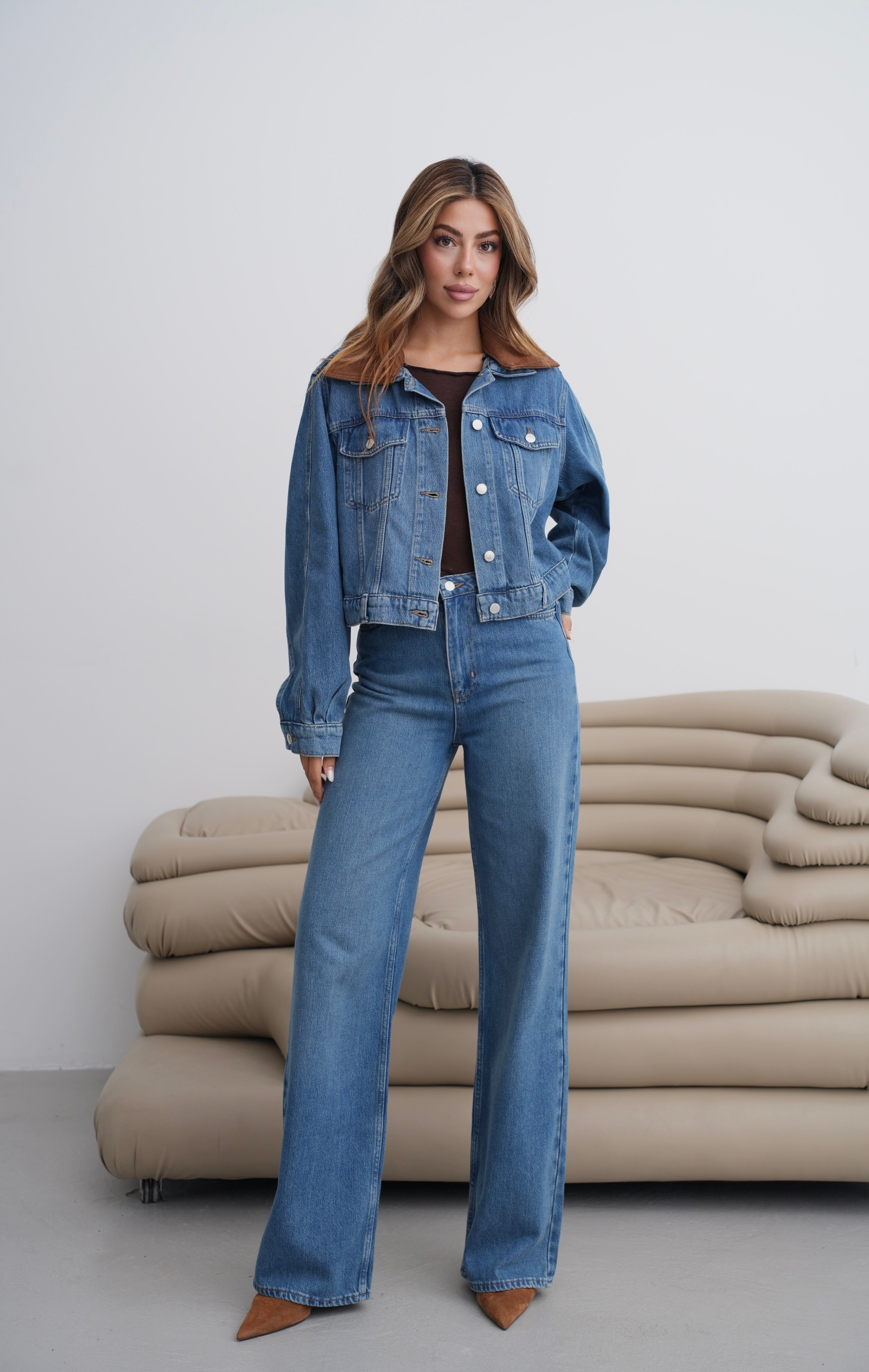 LACARINOYüksek Bel Arka Cep Süet Detaylı Wide Leg Kalıp Dark Blue Jean Pantolon