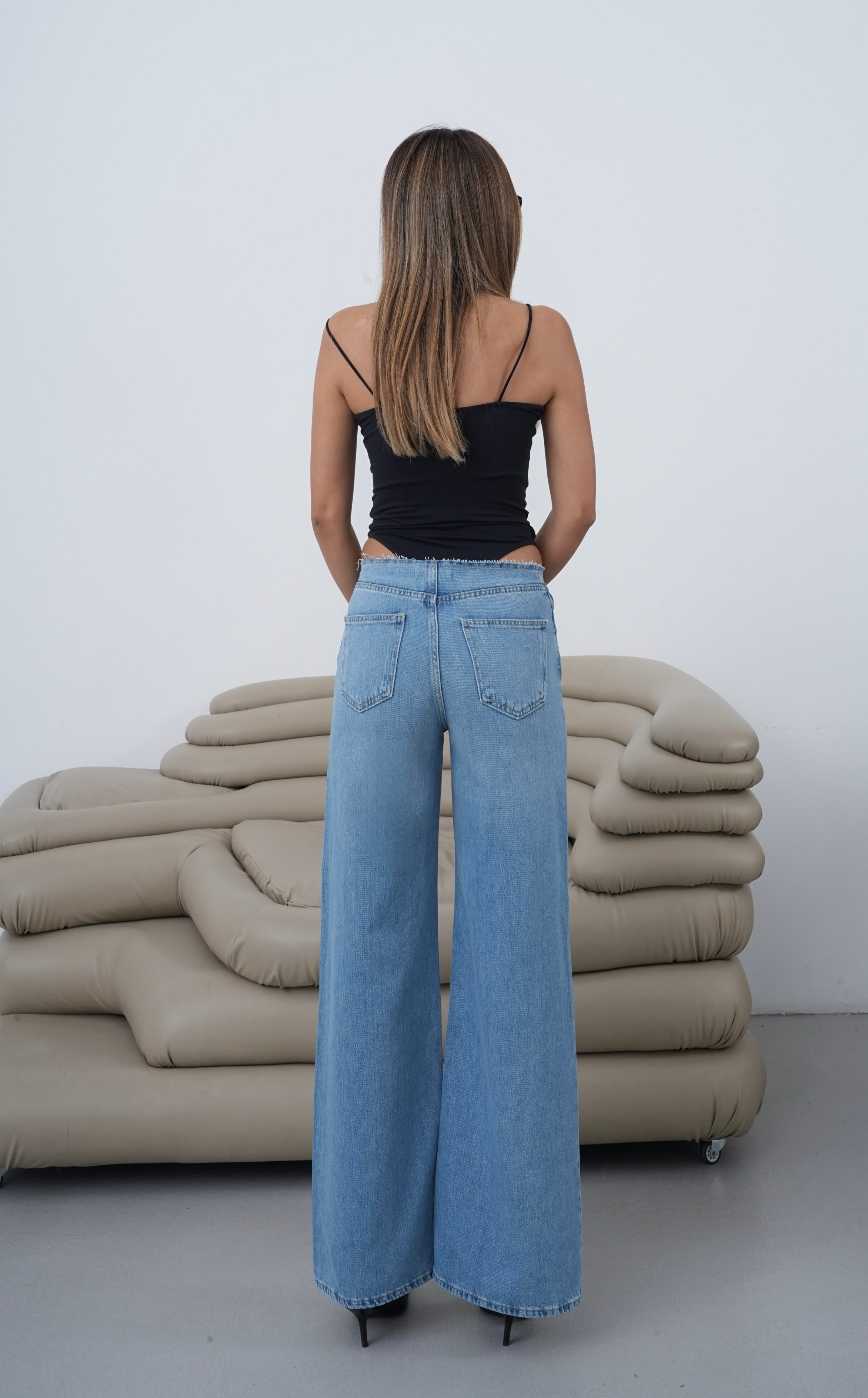 LACARINODüşük Bel Bel Kesik Detaylı Wıde Leg Kalıp Blue Jean Pantolon
