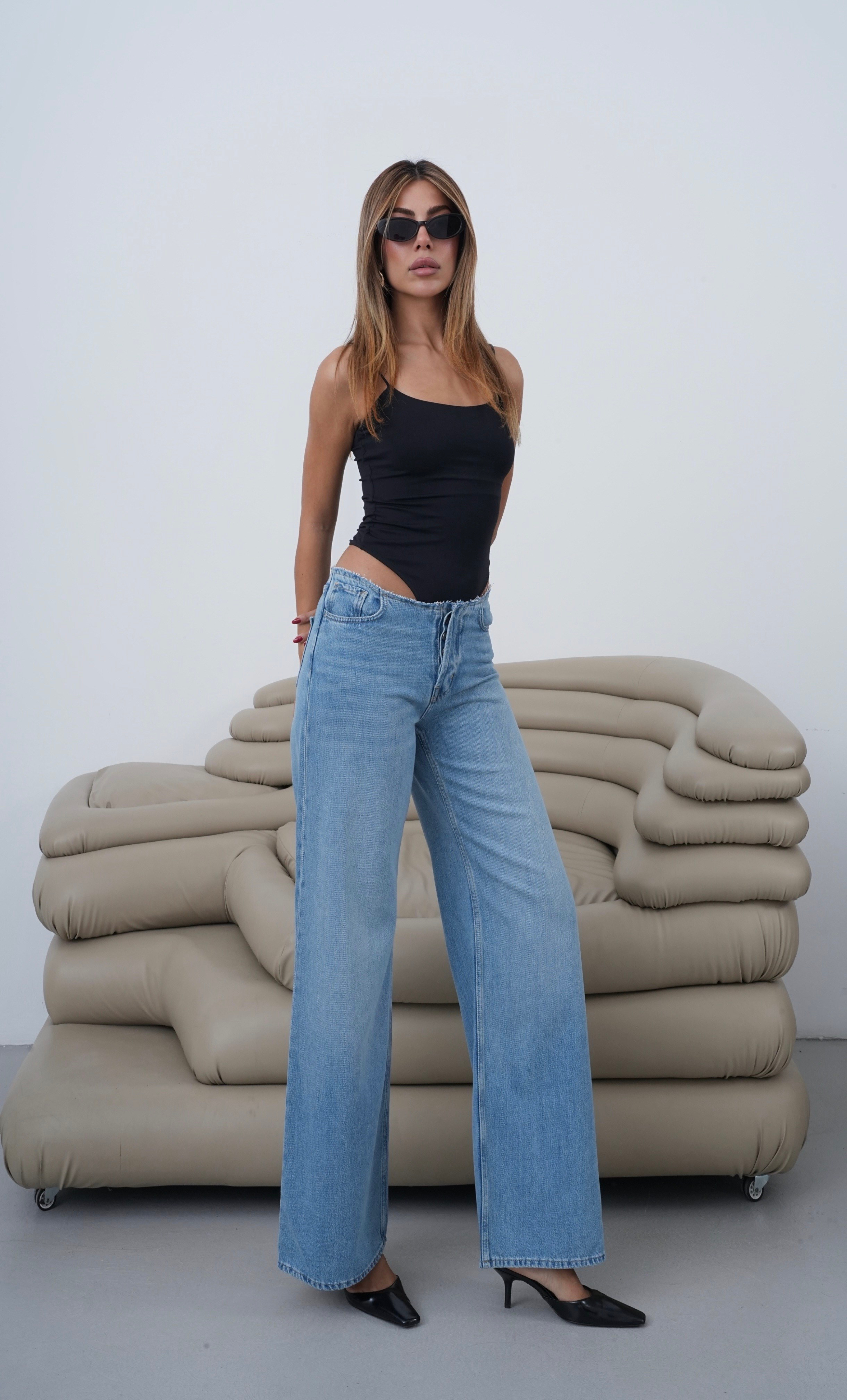 LACARINODüşük Bel Bel Kesik Detaylı Wıde Leg Kalıp Blue Jean Pantolon
