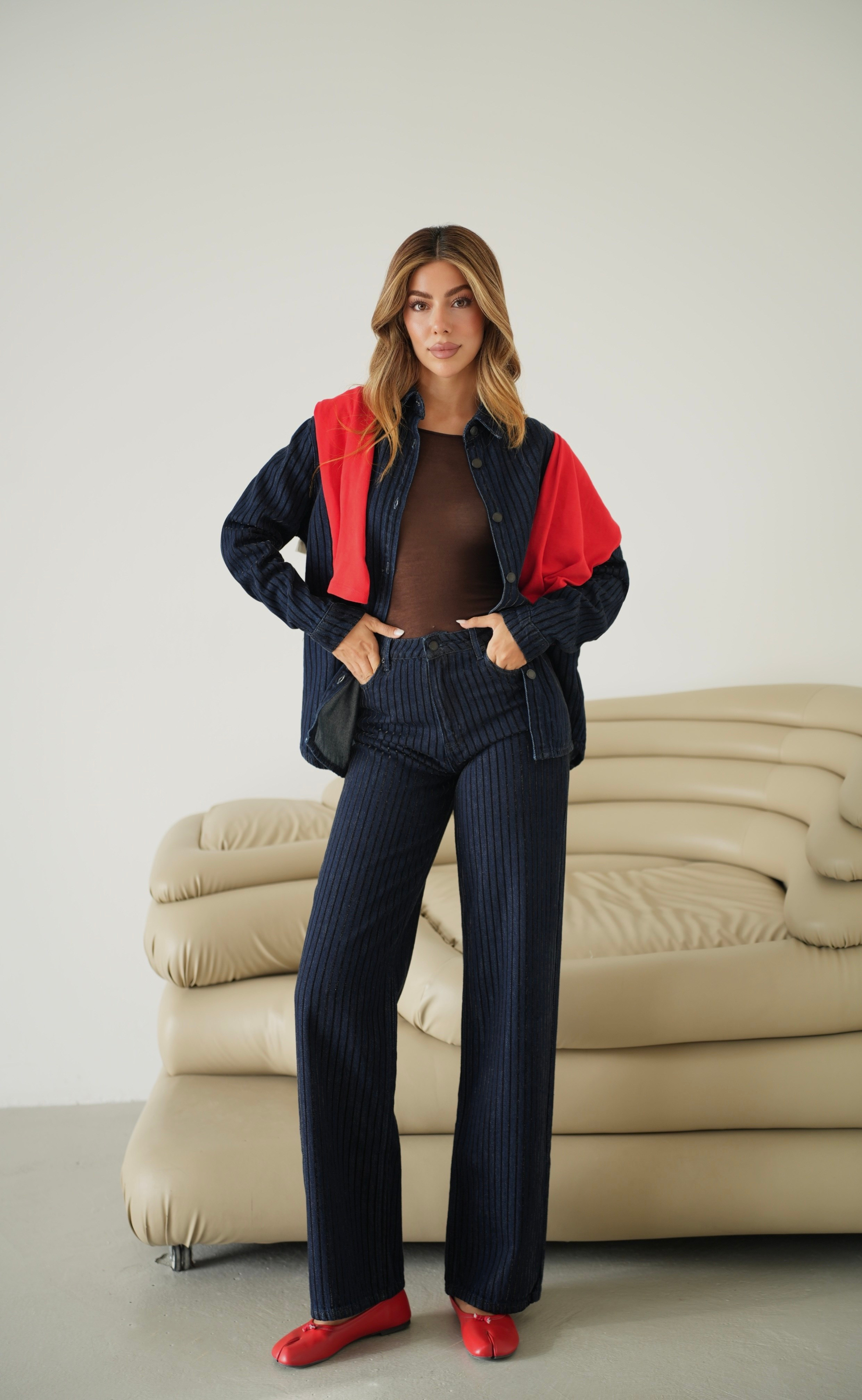 LACARINOSim Detaylı Çizgi Floklu 5 Düğmeli Gömlek Wıde Leg Kalıp Pantolon Kadın Navy Blue Takım