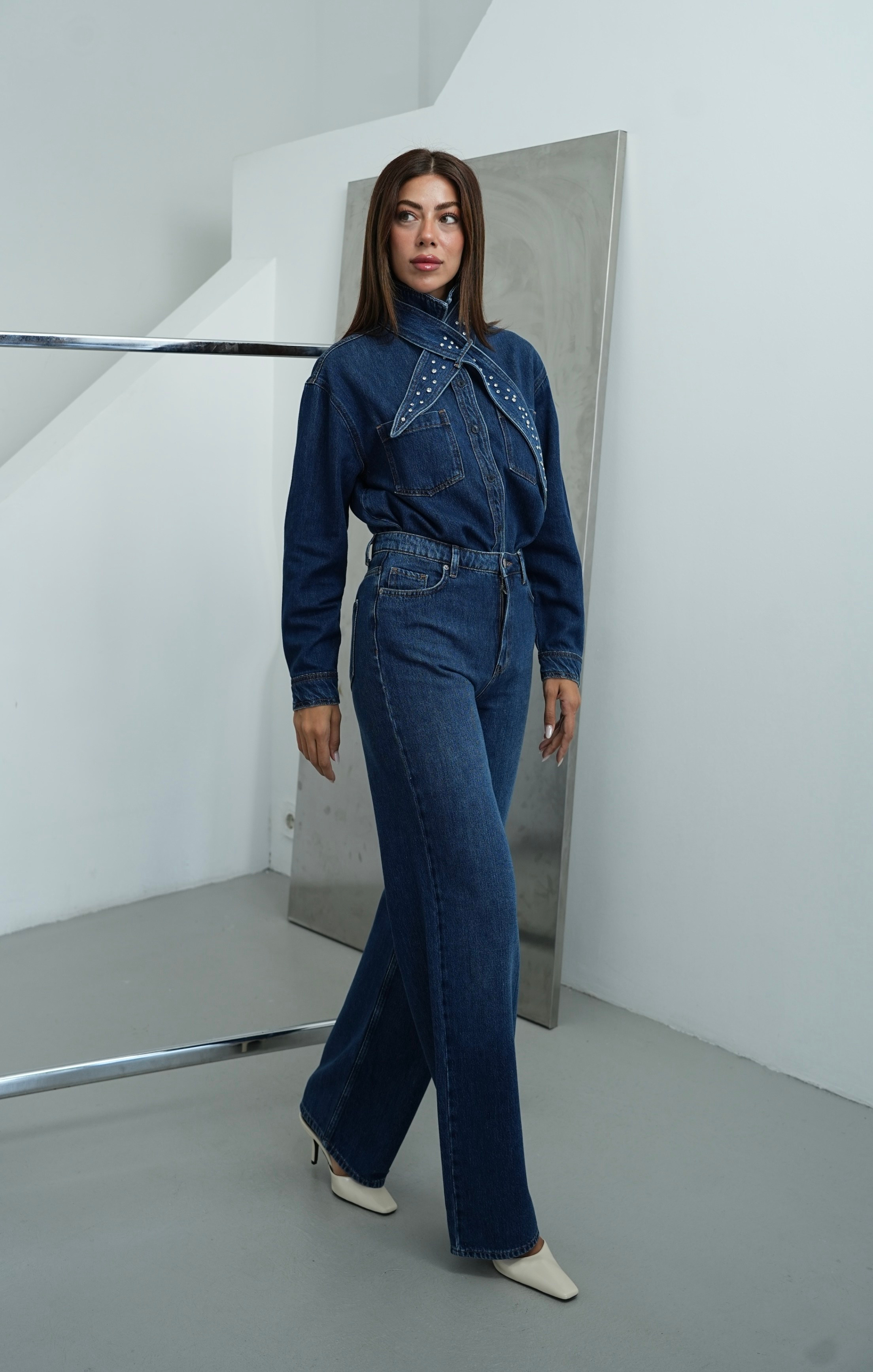 LACARINOYüksek Bel Wide Leg Kalıp DArk blue Jean Pantolon