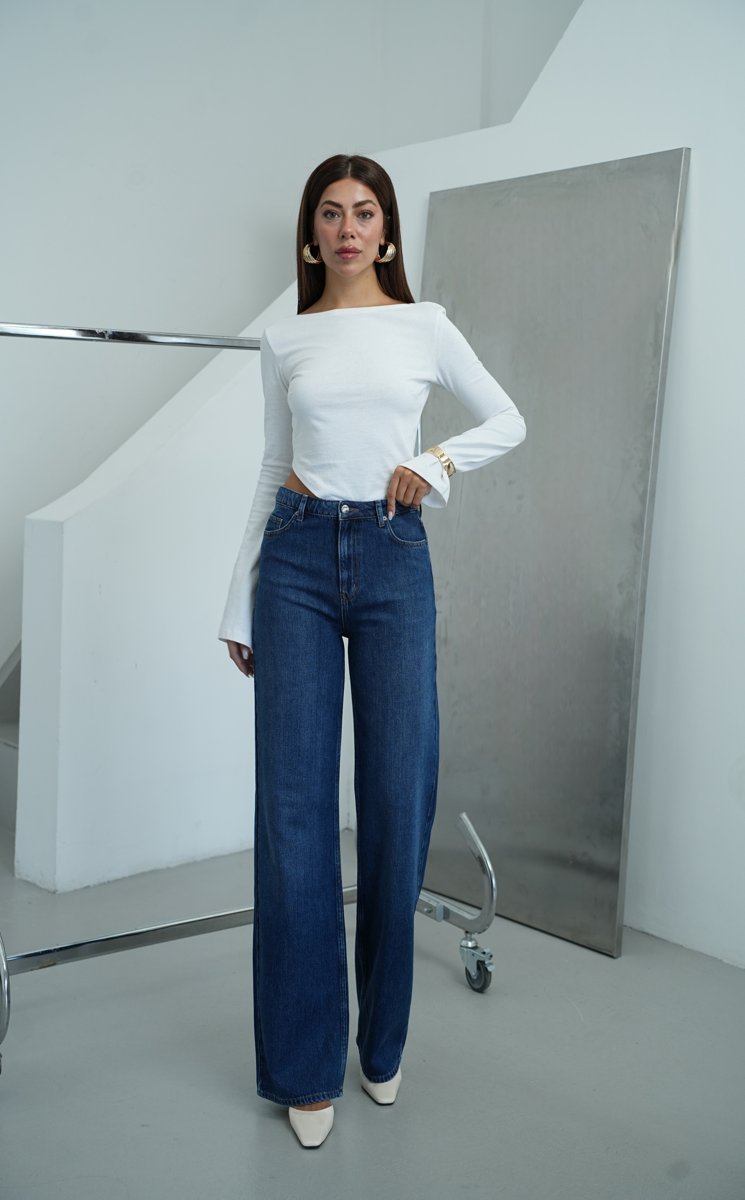 LACARINOYüksek Bel Wide Leg Kalıp DArk blue Jean Pantolon