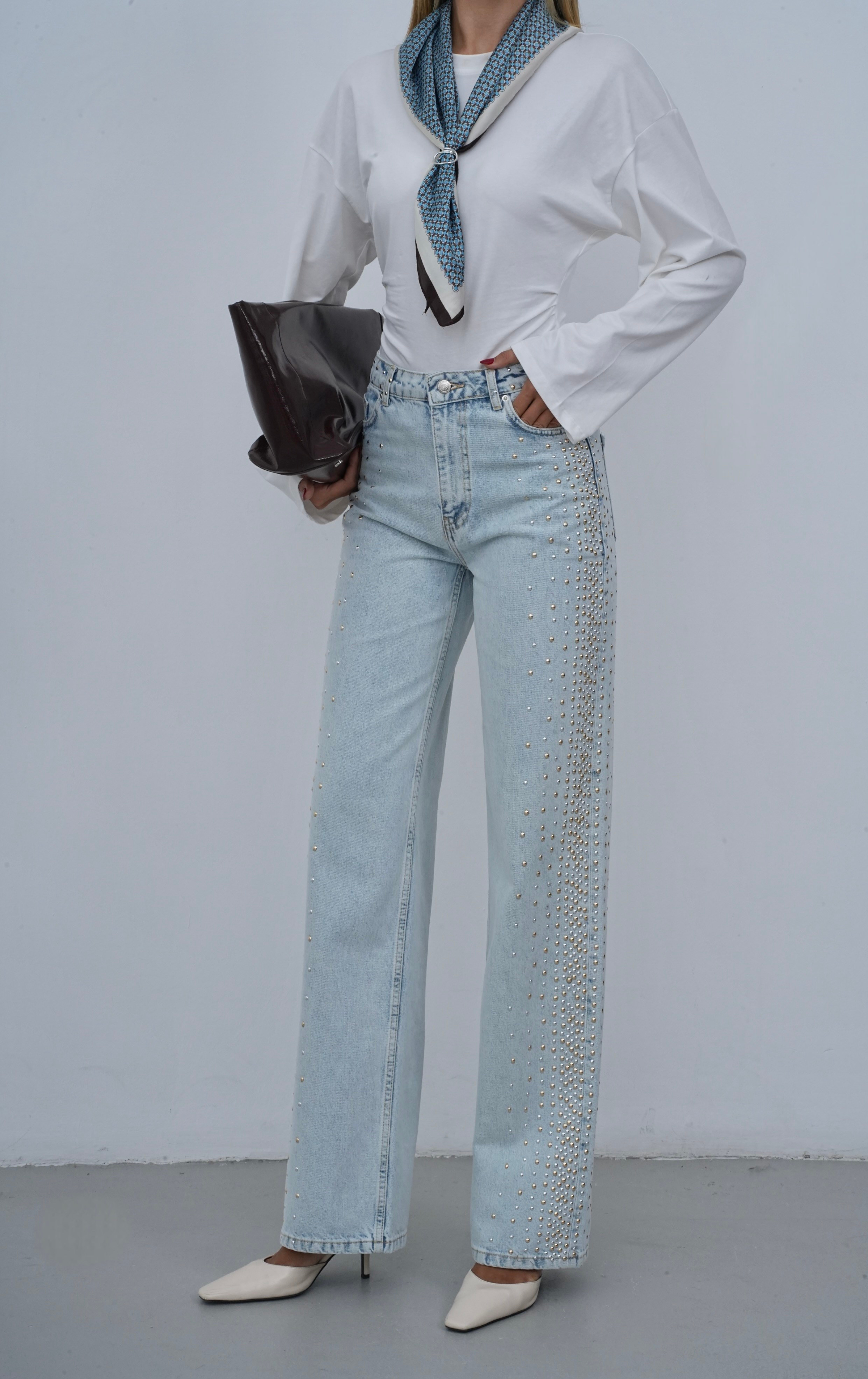 LACARINOYüksek Bel Wide Leg Kalıp Yandan Metal Taş Detaylı Light Blue Jean Pantolon