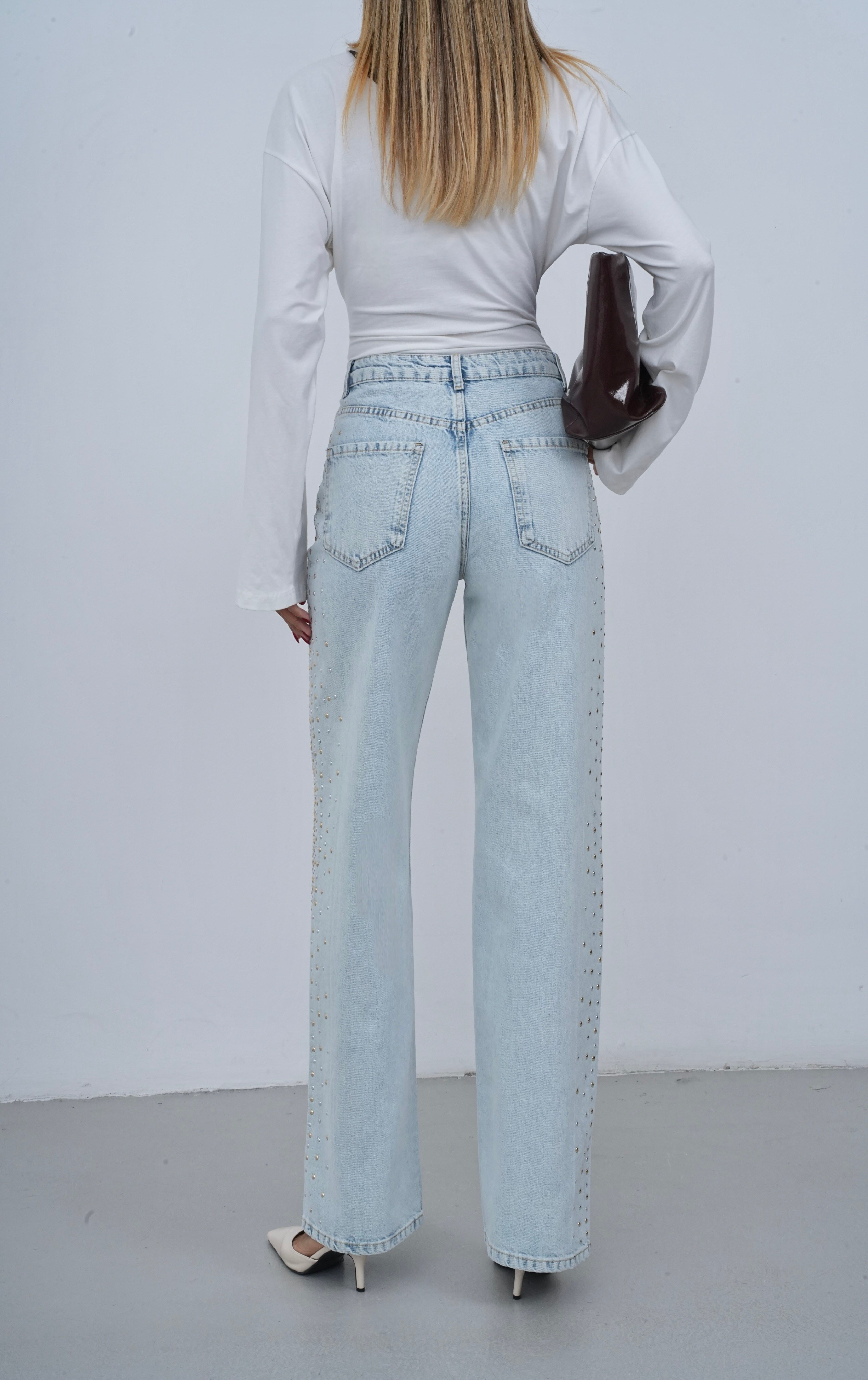 LACARINOYüksek Bel Wide Leg Kalıp Yandan Metal Taş Detaylı Light Blue Jean Pantolon