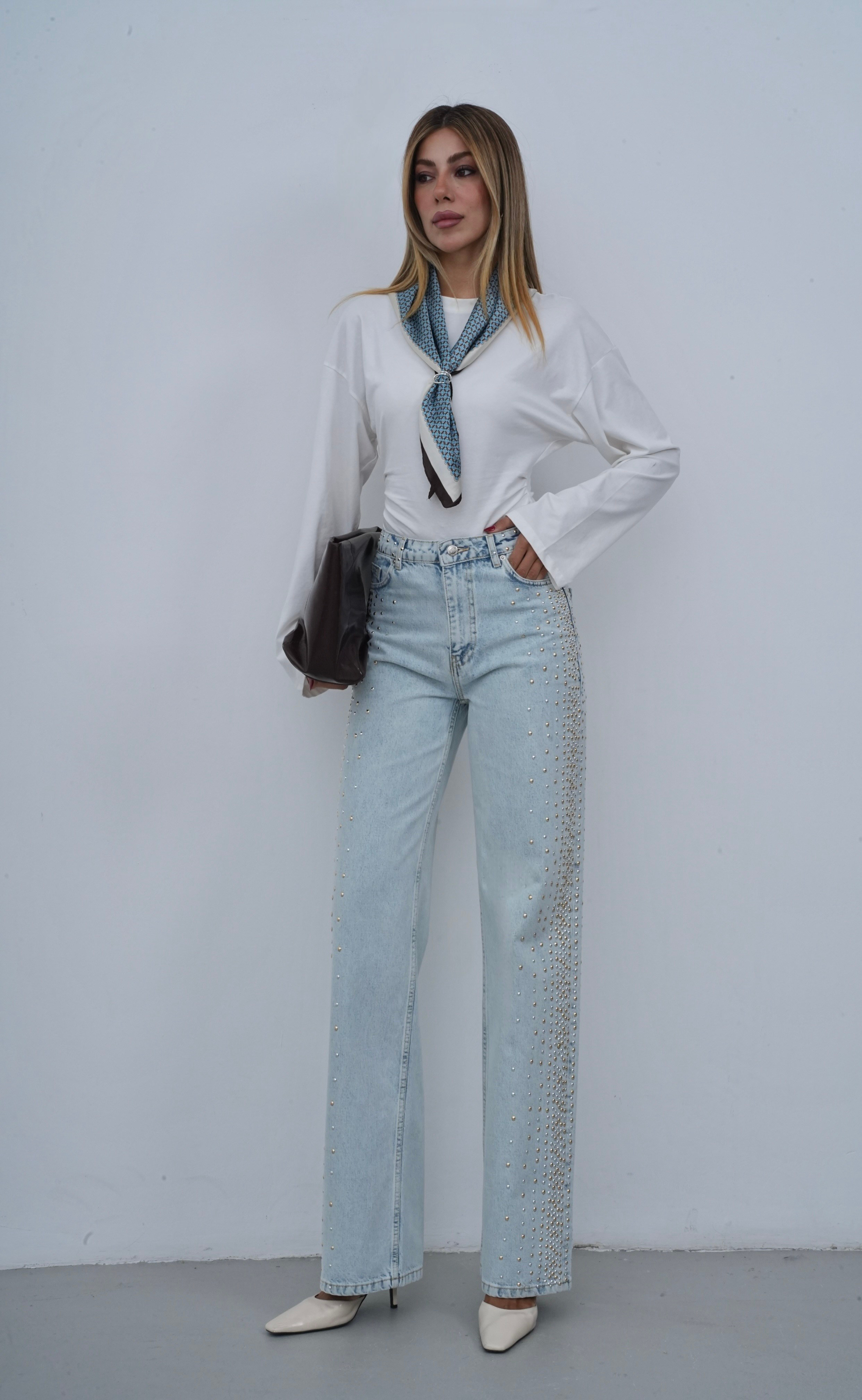 LACARINOYüksek Bel Wide Leg Kalıp Yandan Metal Taş Detaylı Light Blue Jean Pantolon