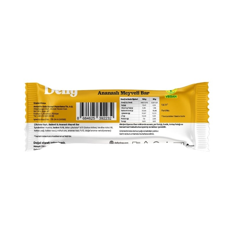 ÇİKOLATA KAPLI BADEMLİ & ANANASLI MEYVELİ BAR