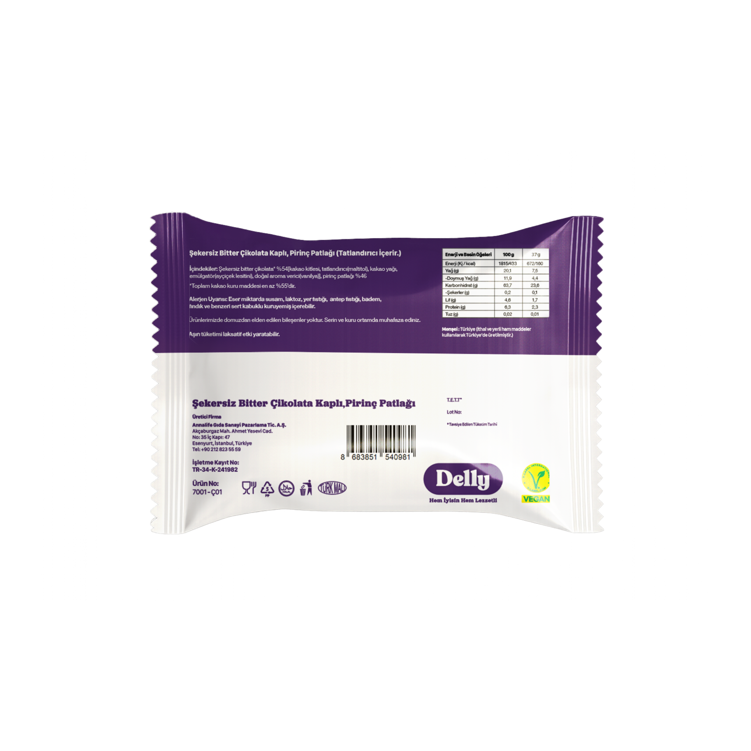 Şekersiz Bitter Çikolata Kaplı Pirinç Patlağı  12 Adet X 37 g