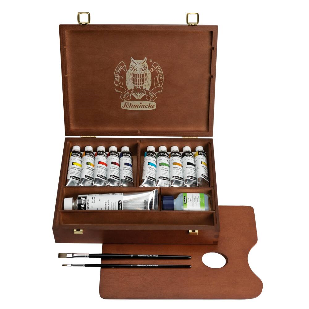 Schmincke Primacryl Artist Ahşap Kutu Akrilik Boya Seti 35 ml x 10 renk 150 beyaz ve Fırça Hediyeli