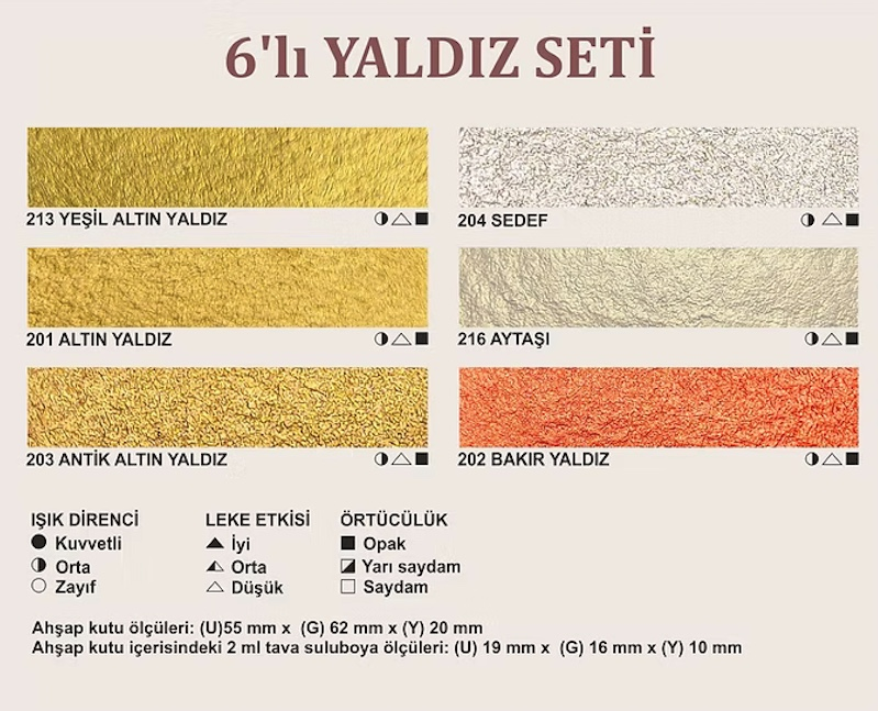 TBS20 - 6'lı Tam Tava Klasik Yaldız El Yapımı Sulu Boya Seti