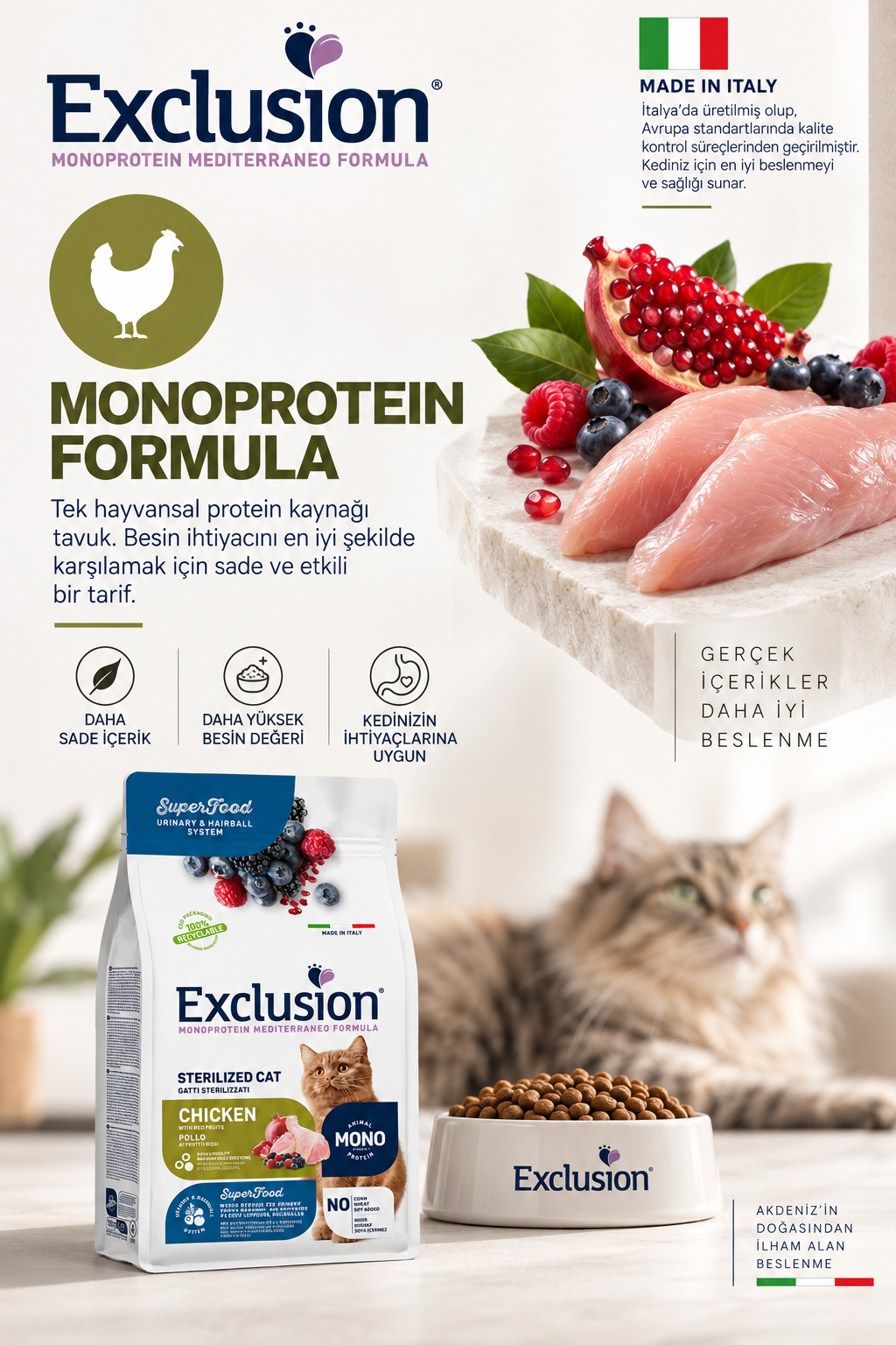 Exclusion Monoprotein Tavuk etli ve Narlı Düşük Tahıllı Kısırlaştırılmış Kedi Maması 12kg