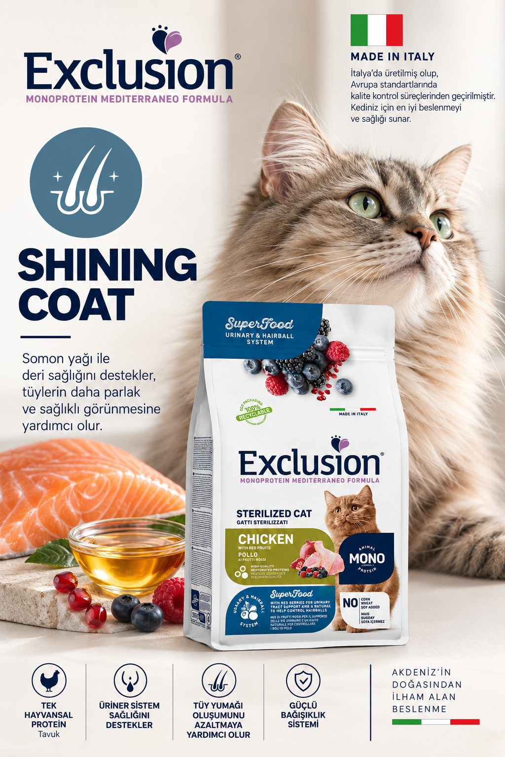 Exclusion Monoprotein Tavuk etli ve Narlı Düşük Tahıllı Kısırlaştırılmış Kedi Maması 12kg