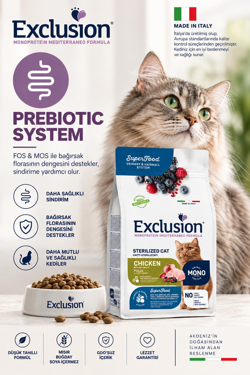 Exclusion Monoprotein Tavuk etli ve Narlı Düşük Tahıllı Kısırlaştırılmış Kedi Maması 12kg