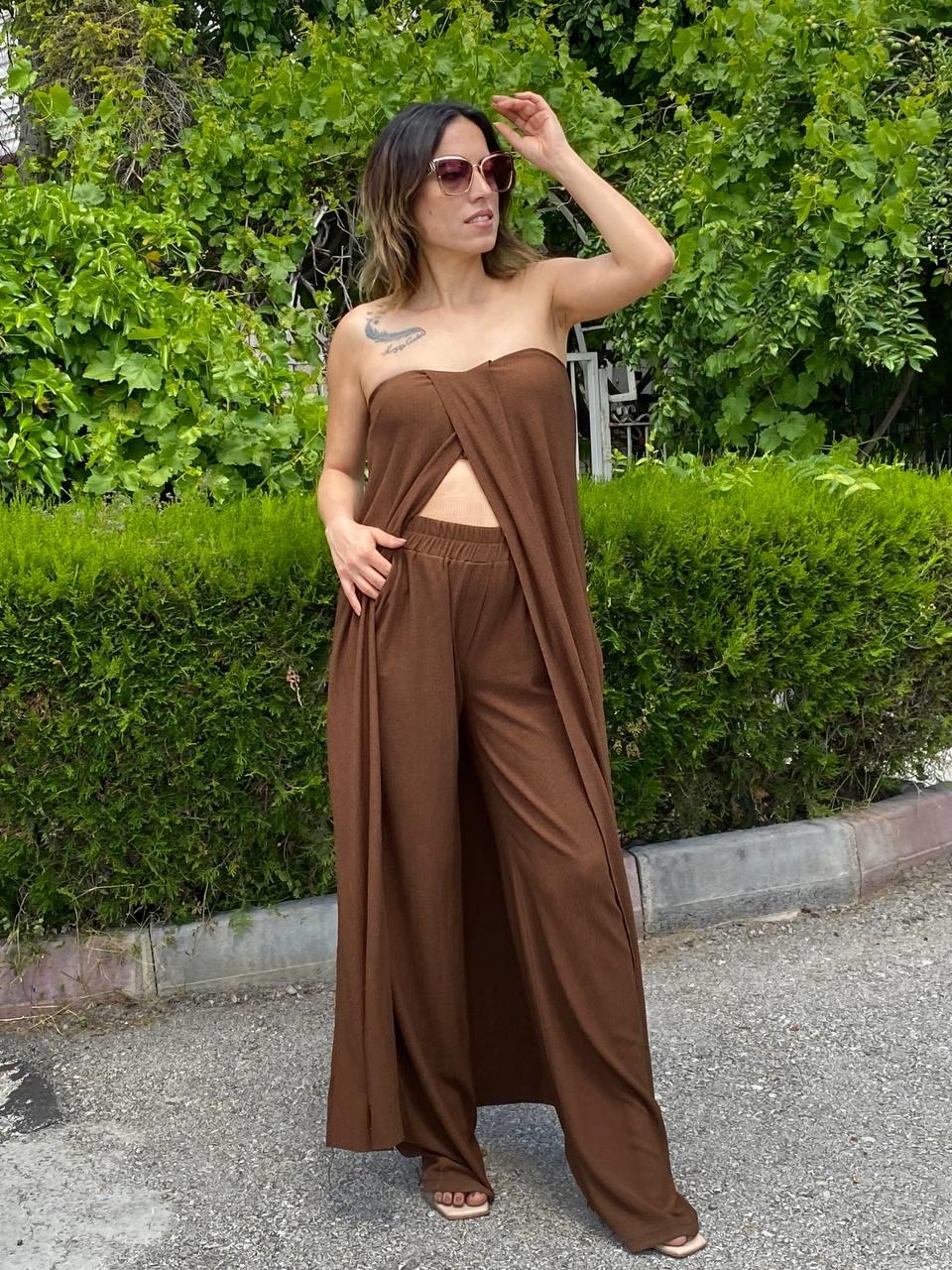 Acı Kahve Bürümcük Straplez Tunik Pantolon Takım