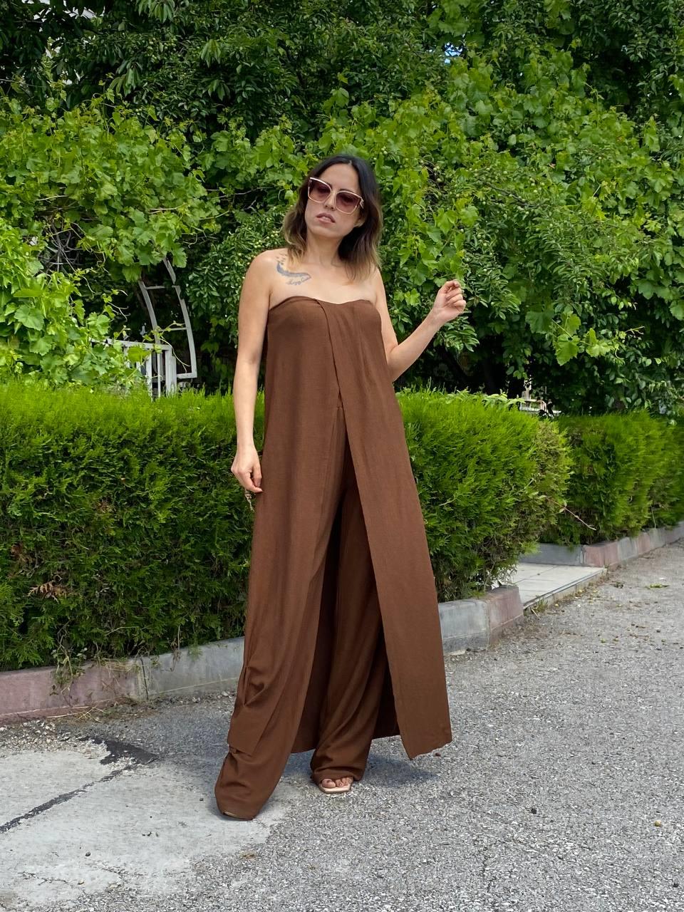 Acı Kahve Bürümcük Straplez Tunik Pantolon Takım