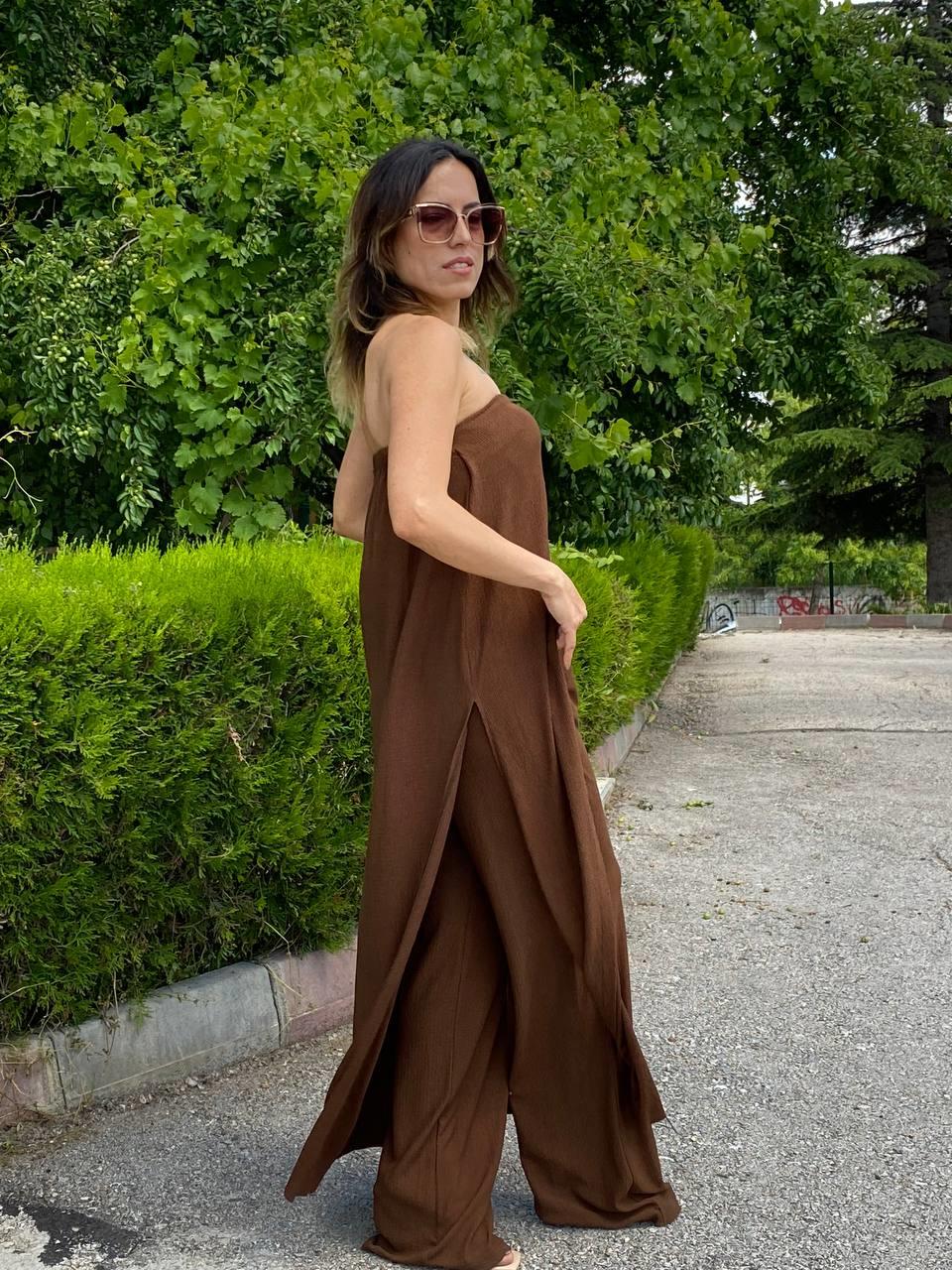 Acı Kahve Bürümcük Straplez Tunik Pantolon Takım