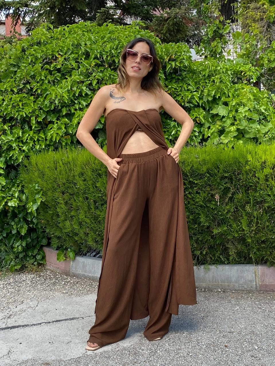 Acı Kahve Bürümcük Straplez Tunik Pantolon Takım