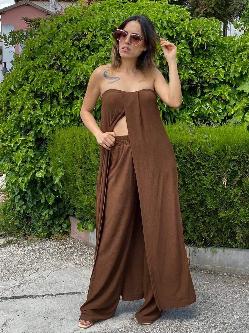 Acı Kahve Bürümcük Straplez Tunik Pantolon Takım