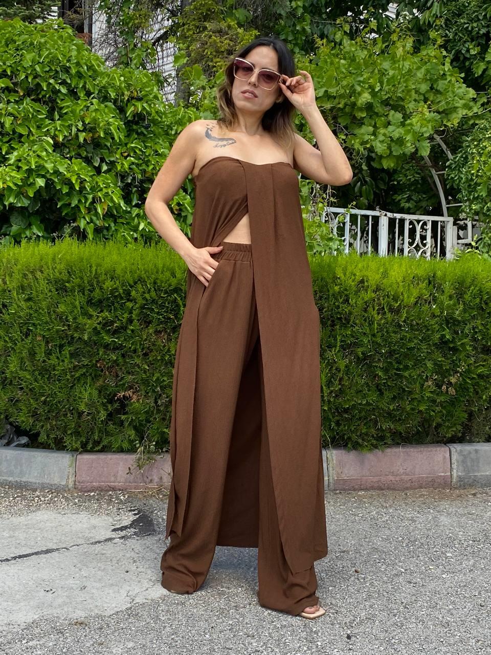Acı Kahve Bürümcük Straplez Tunik Pantolon Takım