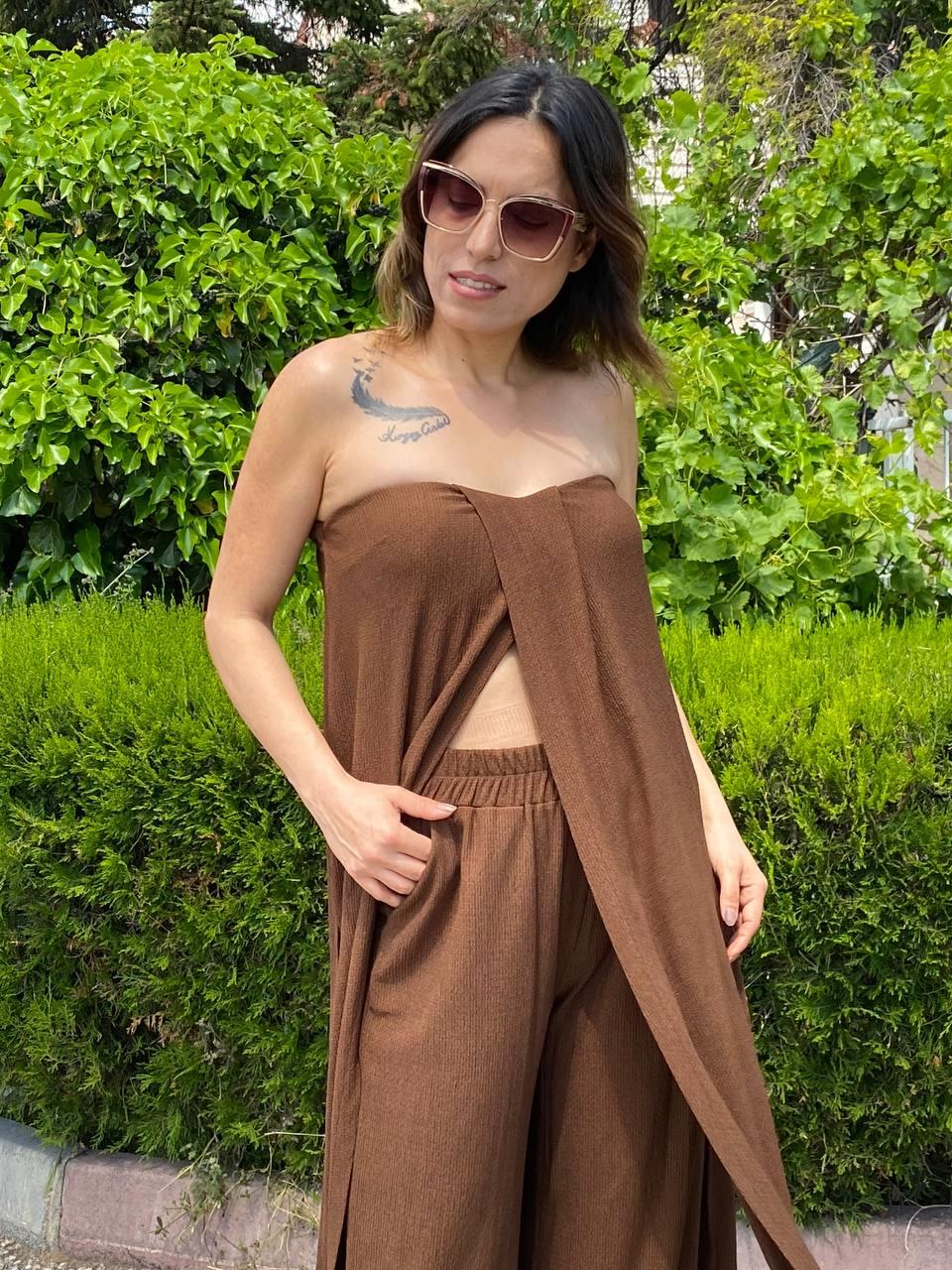 Acı Kahve Bürümcük Straplez Tunik Pantolon Takım