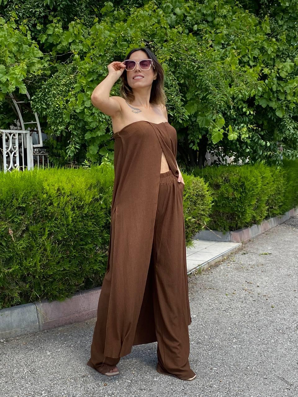 Acı Kahve Bürümcük Straplez Tunik Pantolon Takım