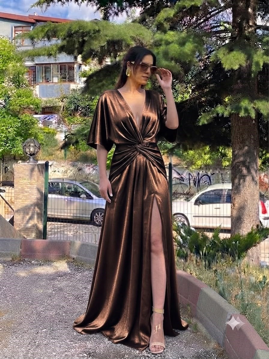 ACI KAHVE saten likralı tasarım elbise