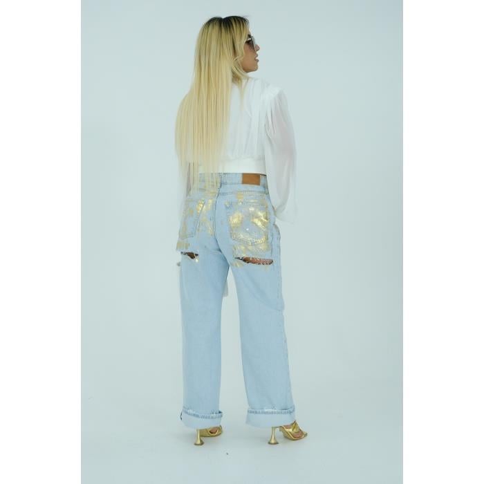 Açık Mavi Gold Zincir Detaylı Tasarım Mom Jean