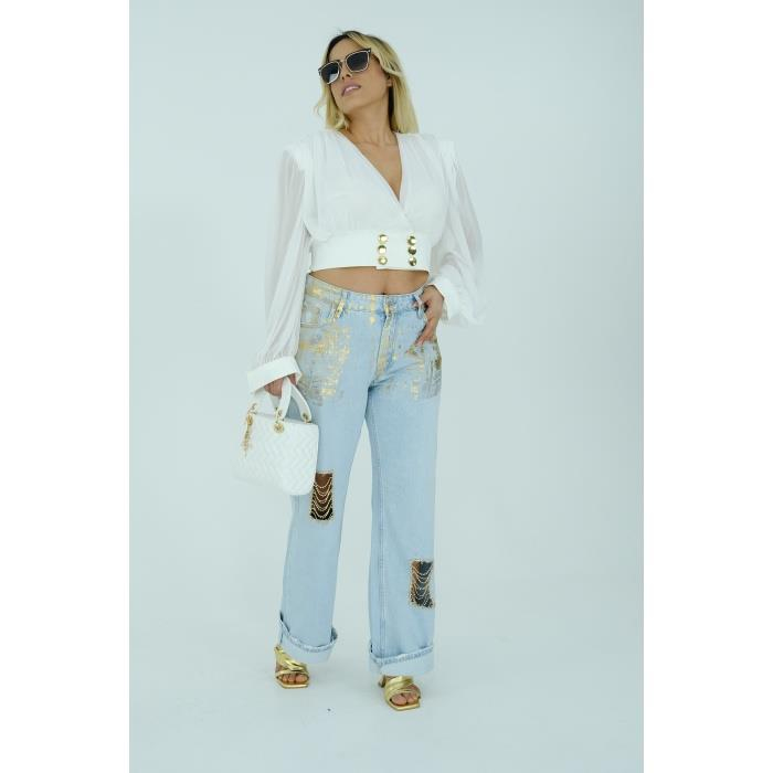 Açık Mavi Gold Zincir Detaylı Tasarım Mom Jean