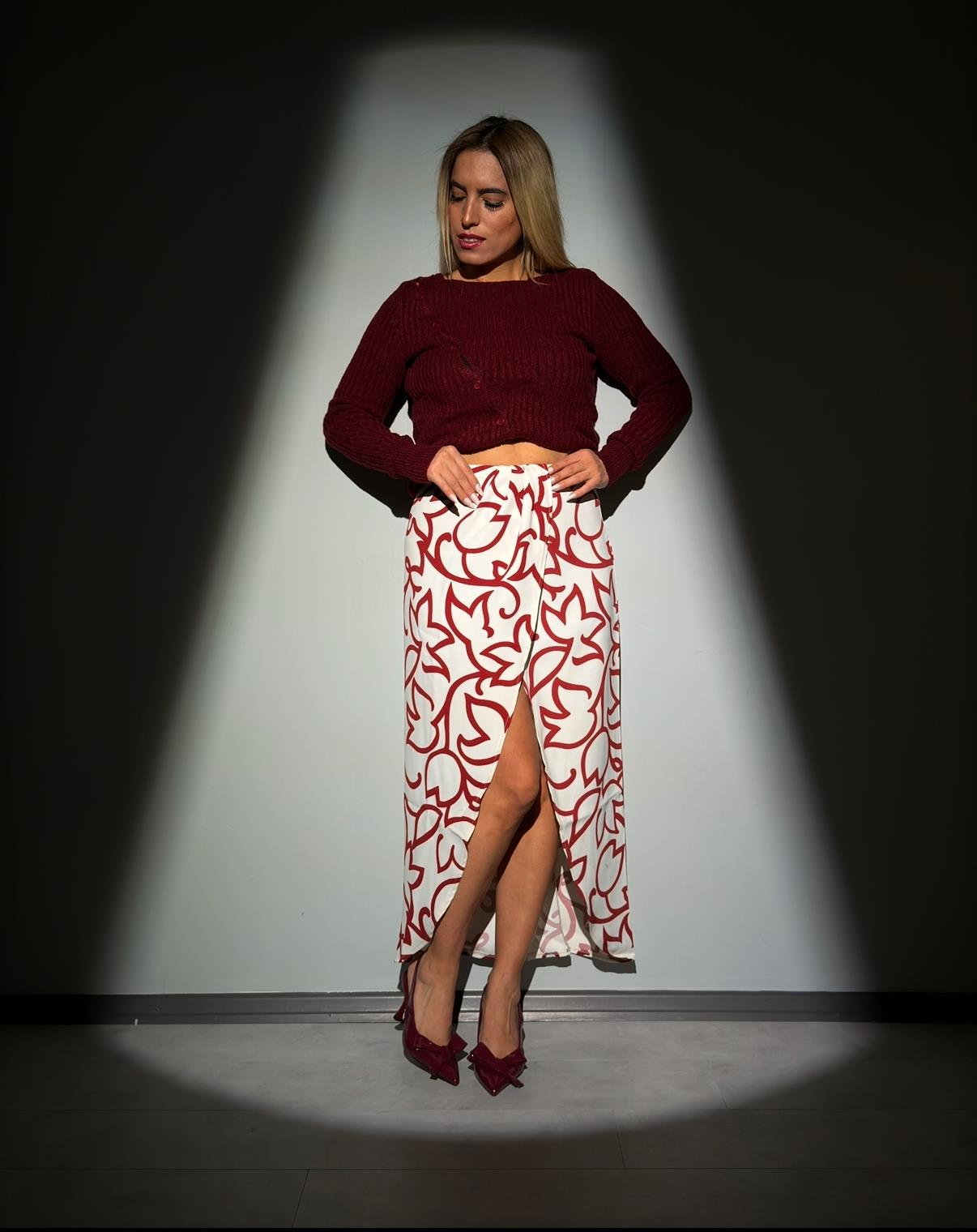 Bej Bordo Desenli Midi Etek