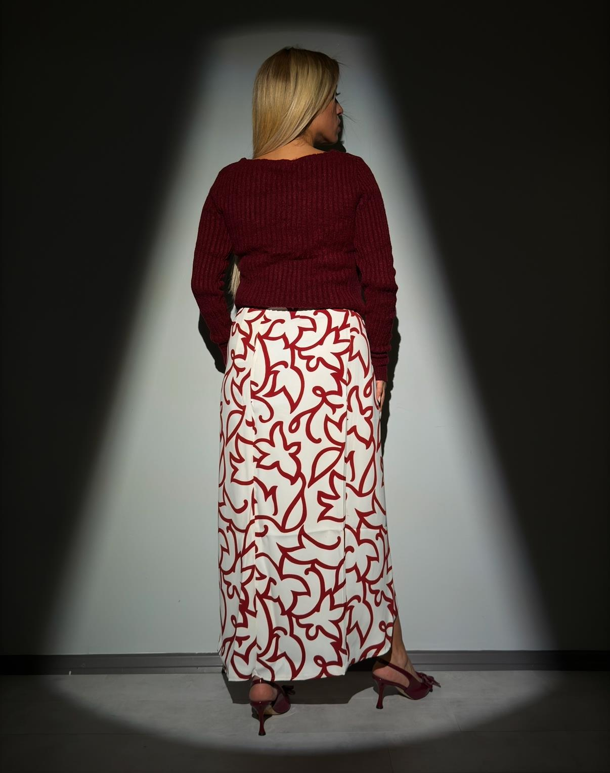 Bej Bordo Desenli Midi Etek