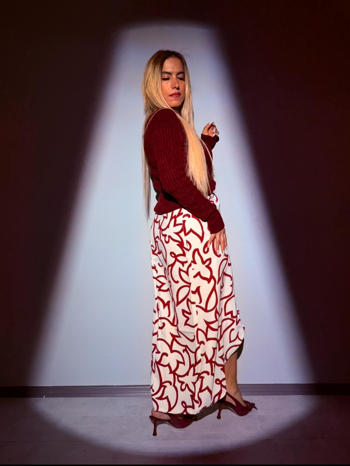 Bej Bordo Desenli Midi Etek