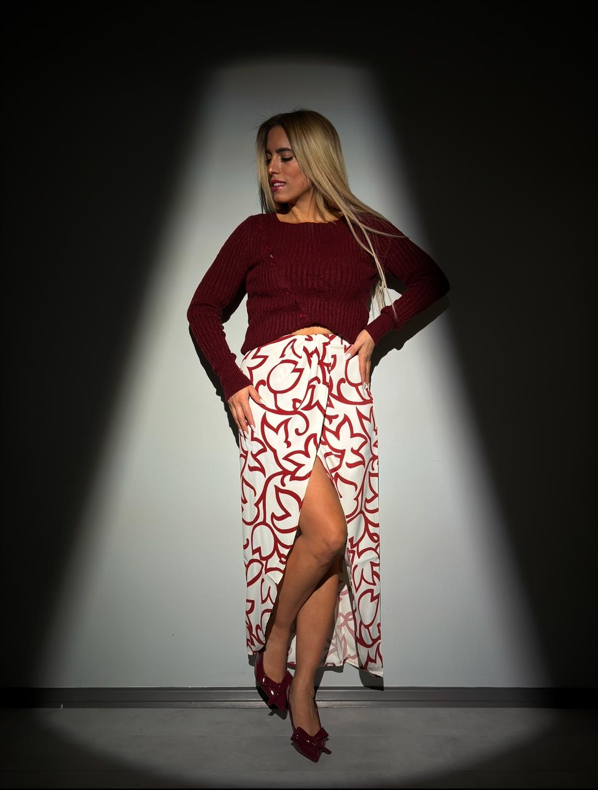 Bej Bordo Desenli Midi Etek