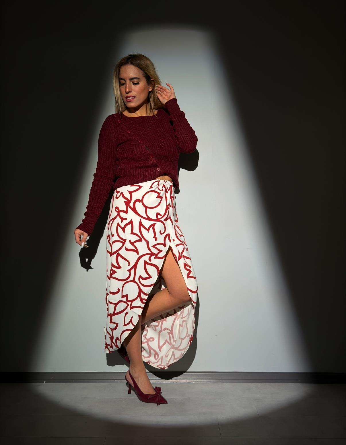 Bej Bordo Desenli Midi Etek