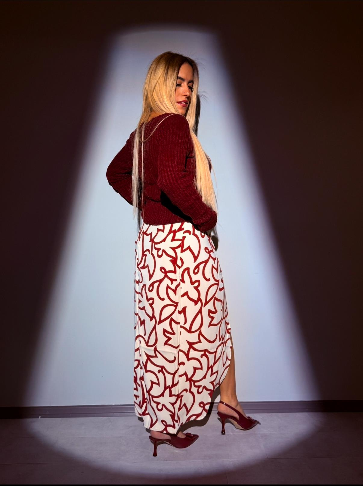 Bej Bordo Desenli Midi Etek